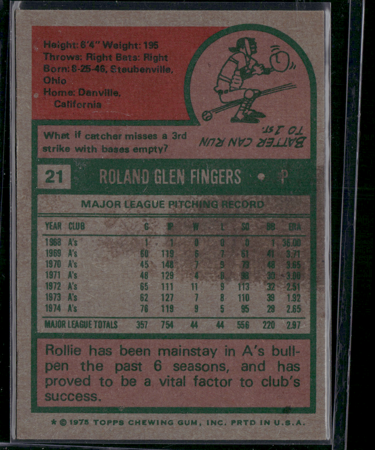 1975 Topps ROLLIE FINGERS #21 (VG-Staining on back)