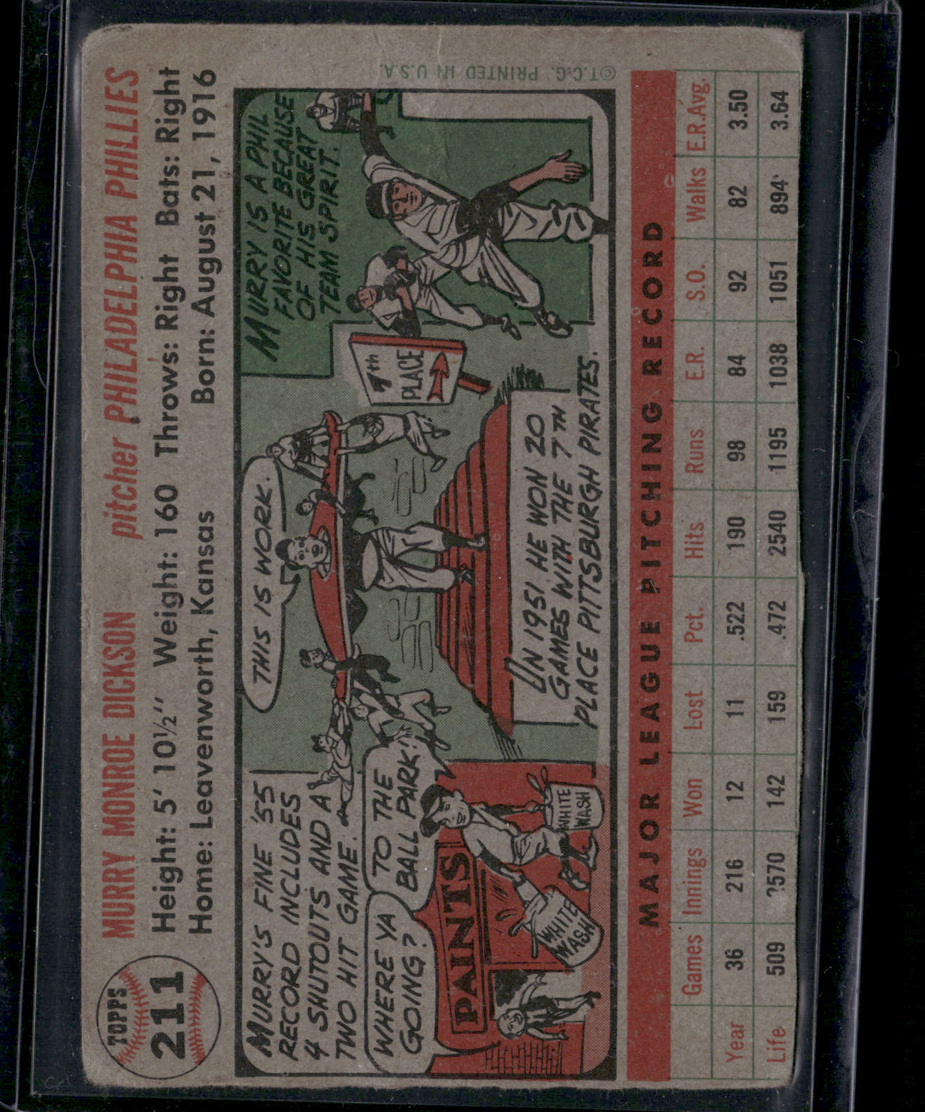 1956 Topps MURRY DICKSON #211 Surface Scratches Paper Loss Wrinkles