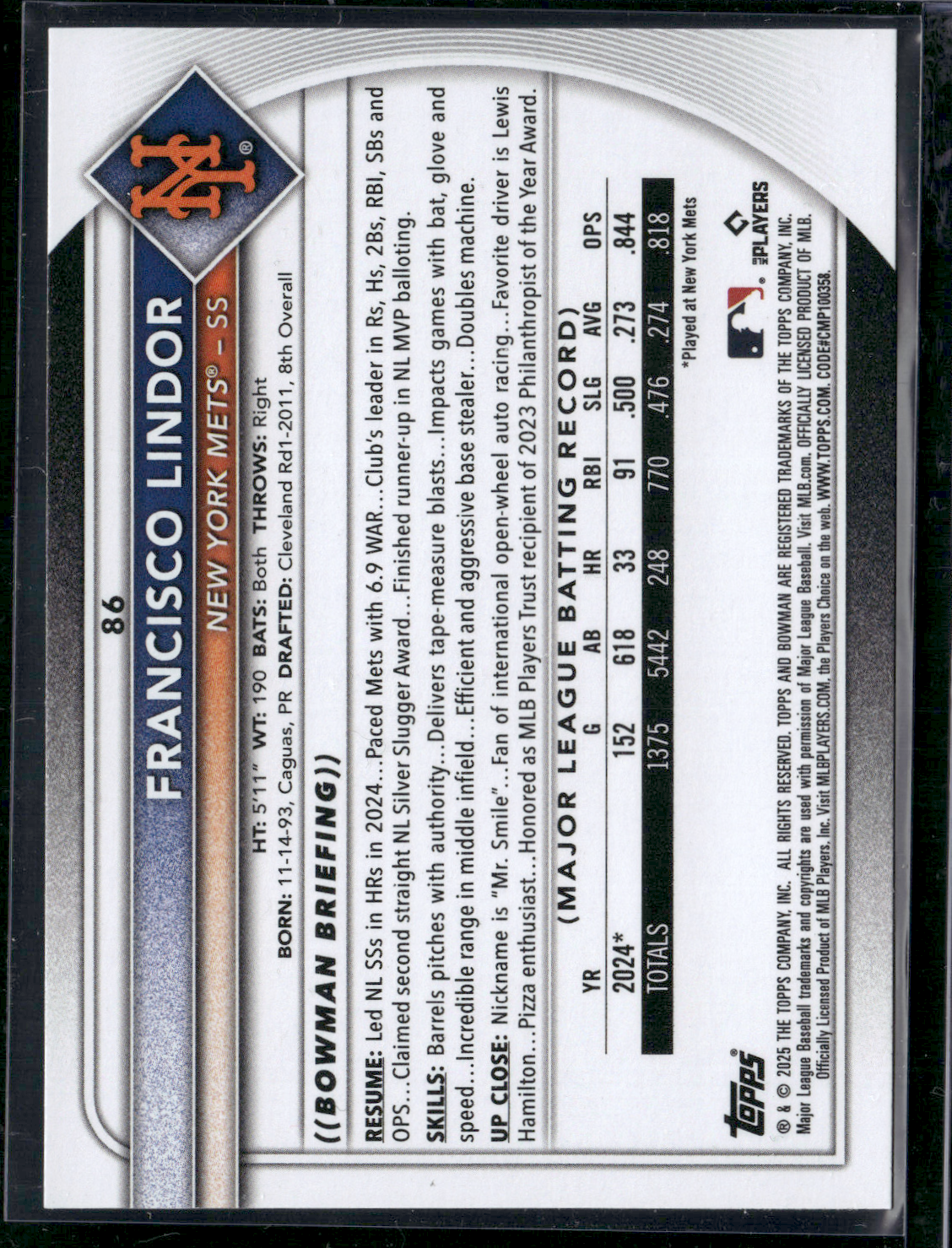 2025 Bowman FRANCISCO LINDOR #86