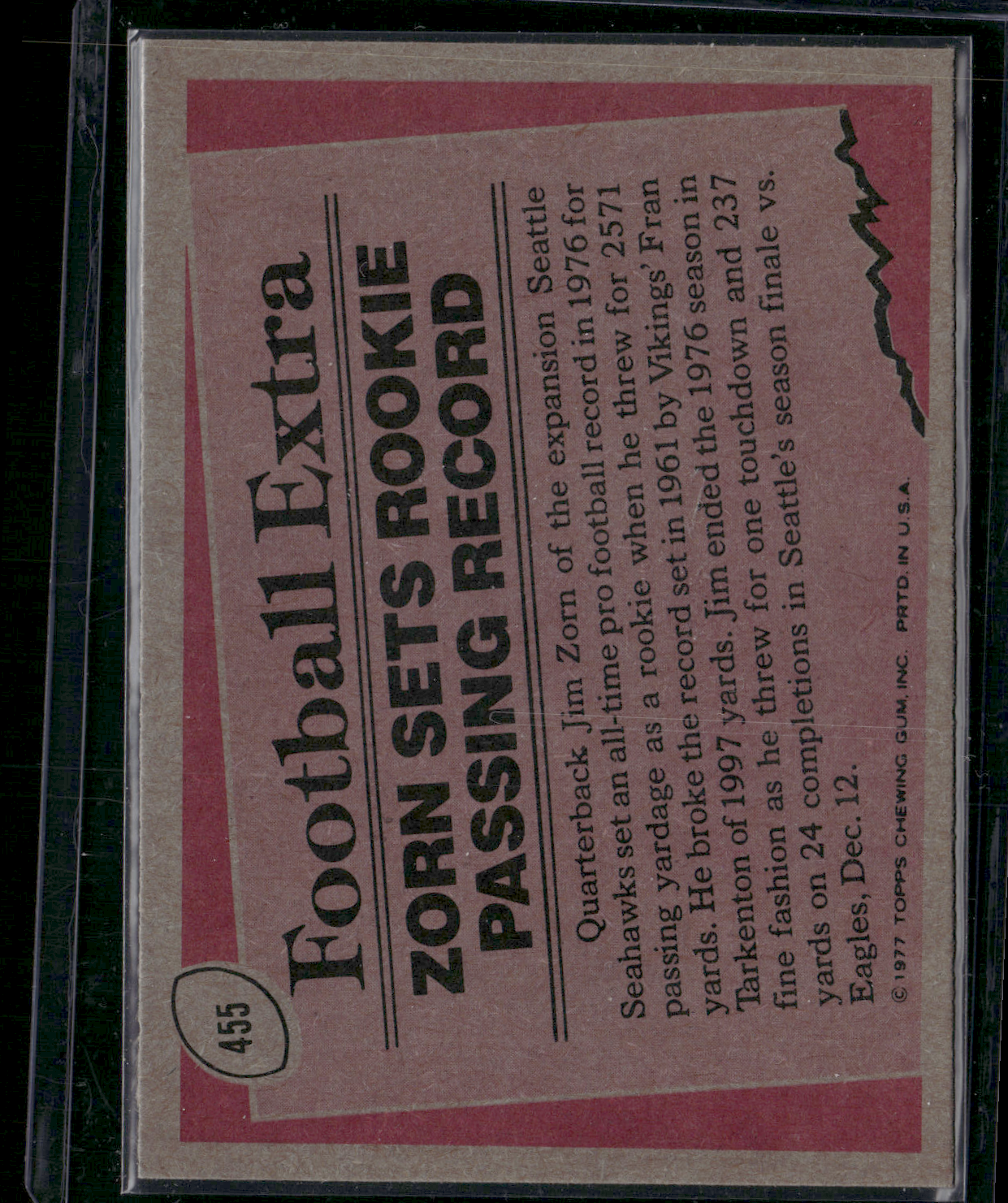 1977 Topps JIM ZORN #455 1976 Record Breaker (EX-EX/MT)
