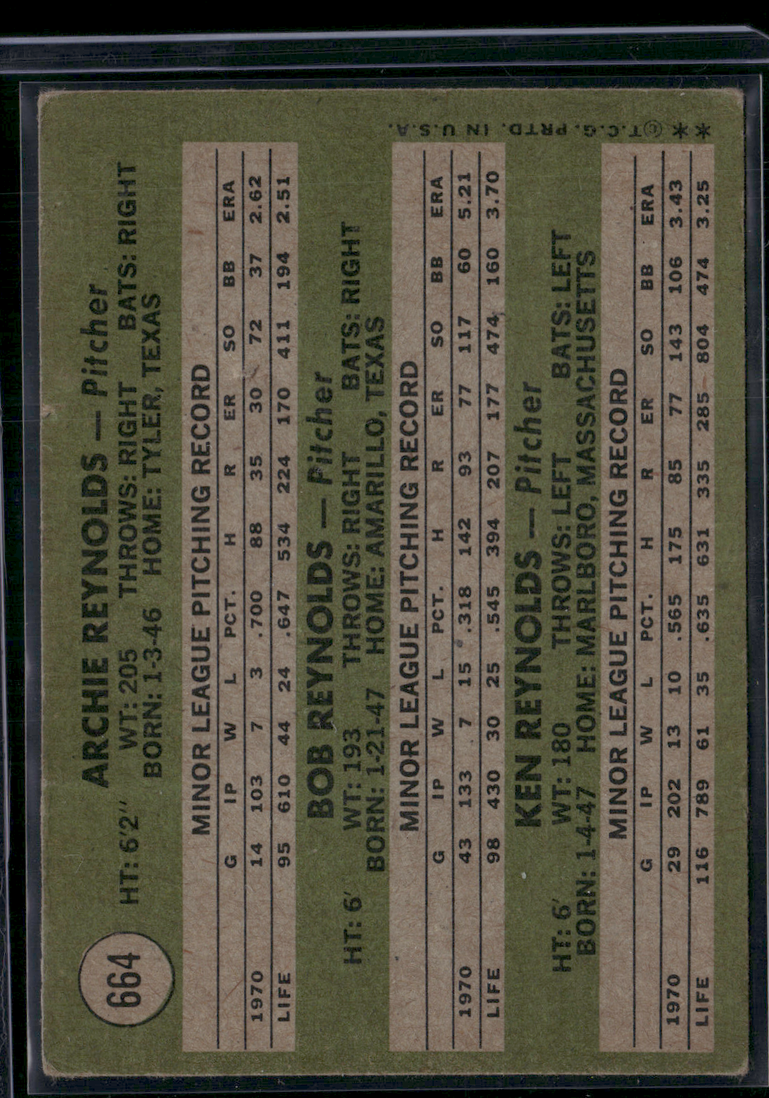 1971 Topps ARCHIE REYNOLDS/BOB REYNOLDS/KEN REYNOLDS #664 Crease (Good)