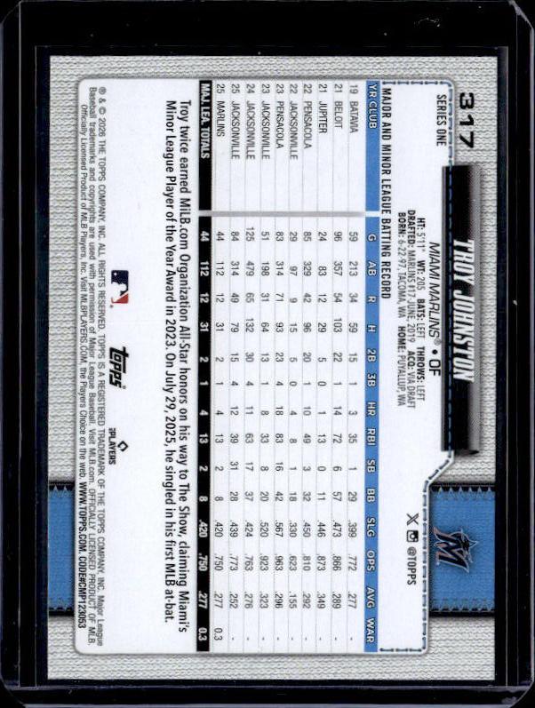2026 Topps Series 1 TROY JOHNSTON #317 Rookie RC