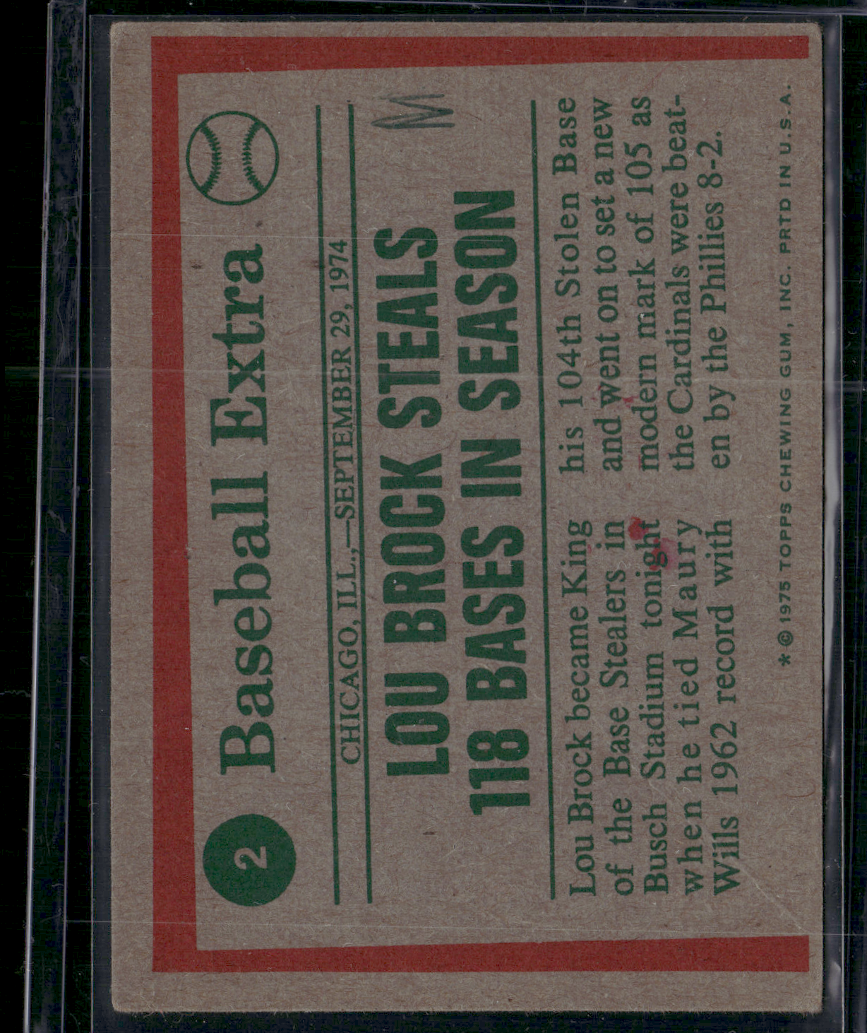 1975 Topps LOU BROCK #2 74 Highlights Ink on back Crease (Good)