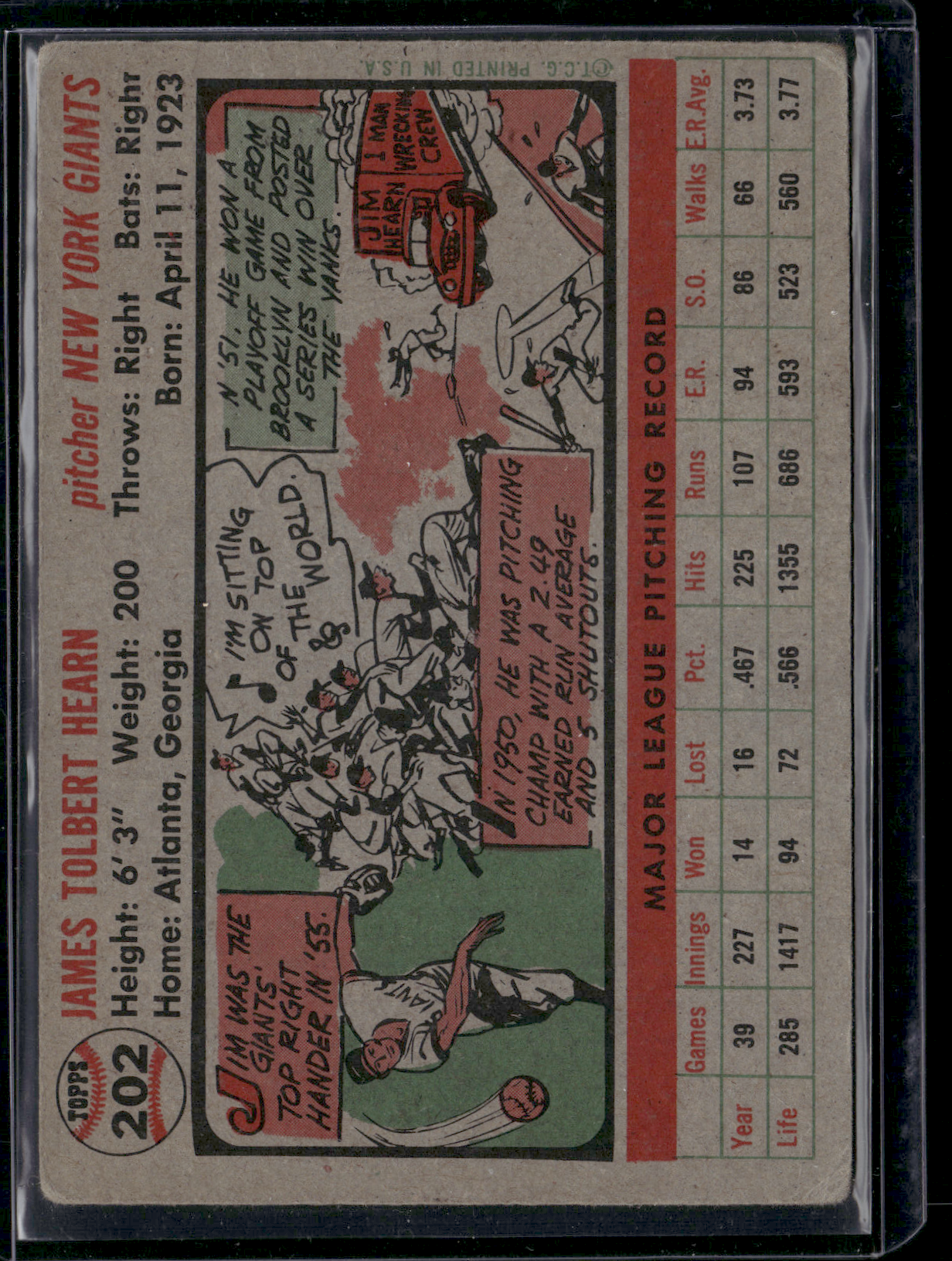 1956 Topps JIM HEARN #202 Light wrinkling