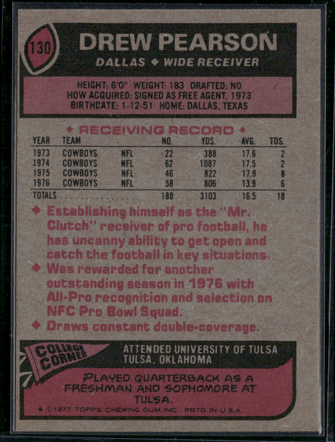 1977 Topps DREW PEARSON #130 Print Snow (EX)