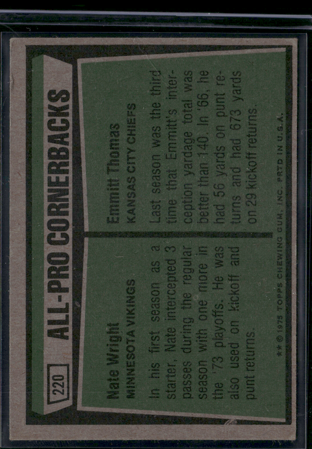 1975 Topps NATE WRIGHT/EMMITT THOMAS #220 1974 All-Pro Cornerbacks (G- Wrinkles)