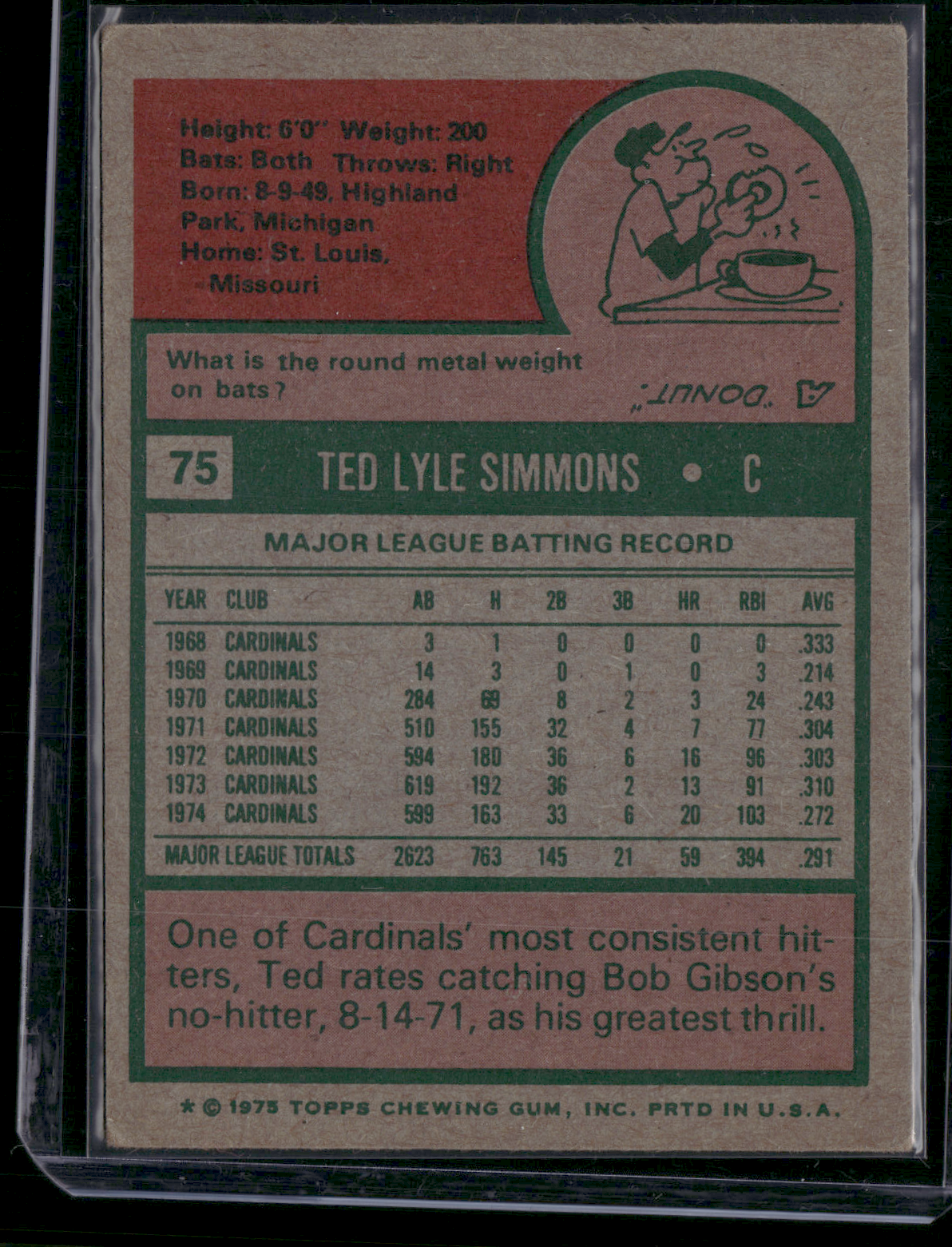 1975 Topps TED SIMMONS #75 (VG-VG/EX)