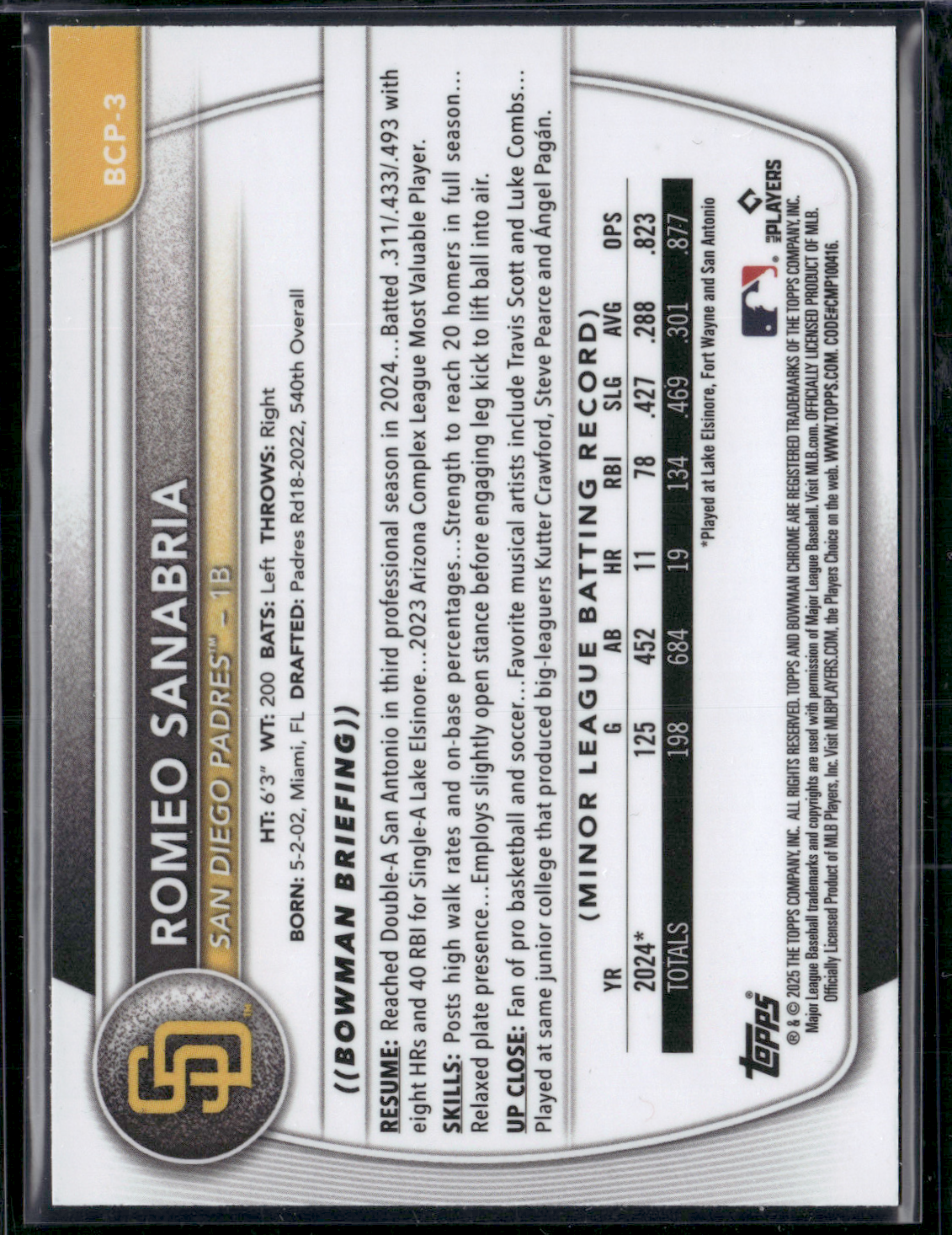 2025 Bowman ROMEO SANABRIA #BCP-3 1st Bowman Chrome