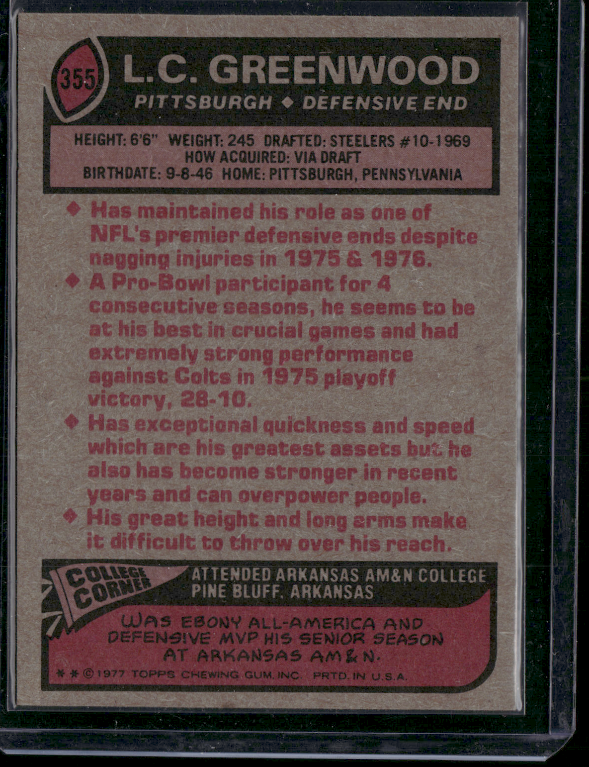 1977 Topps L.C. GREENWOOD #355 (VG/EX-EX)