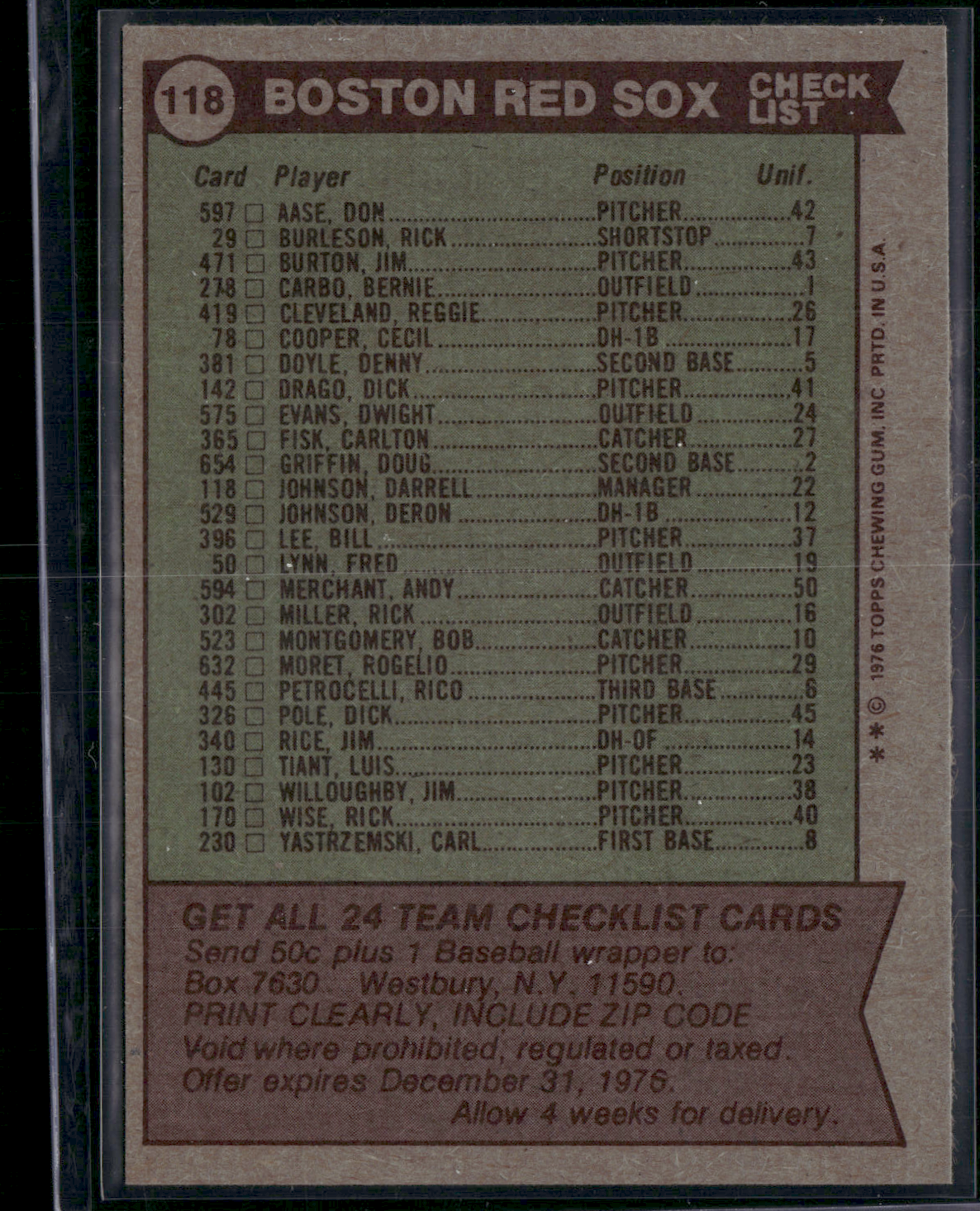 1976 Topps BOSTON RED SOX #118 (EX-EX/MT)