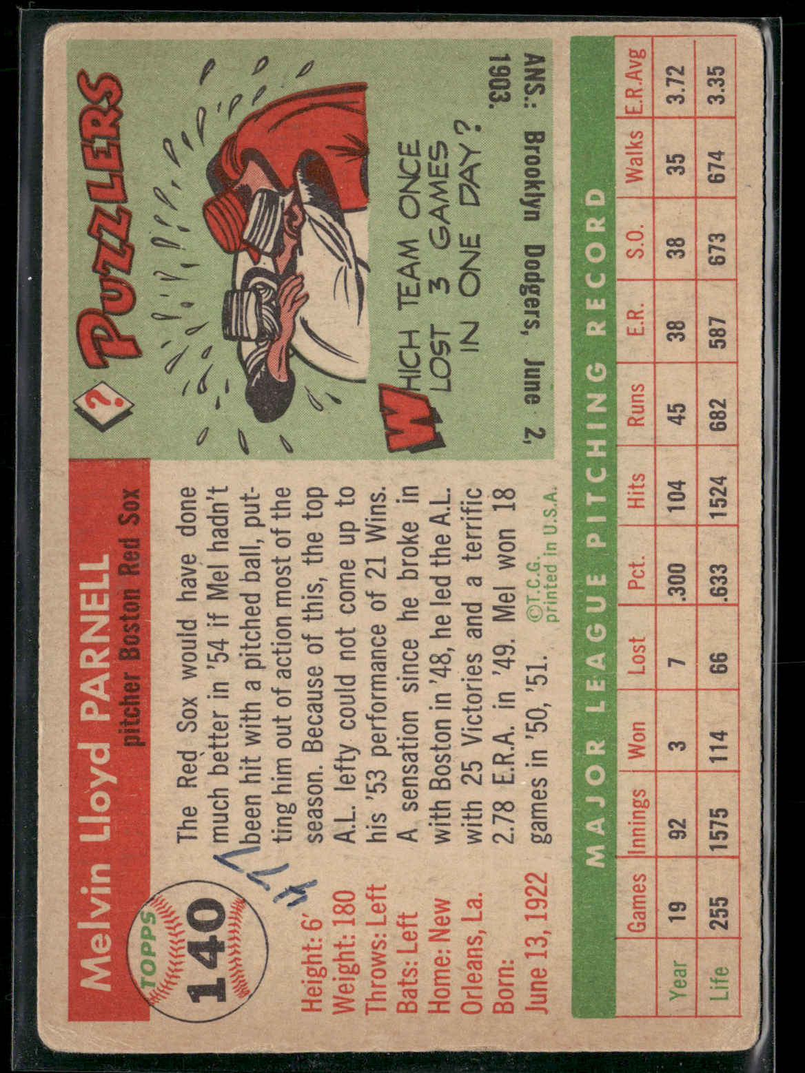 1955 Topps MEL PARNELL #140 Writing on back (Poor)