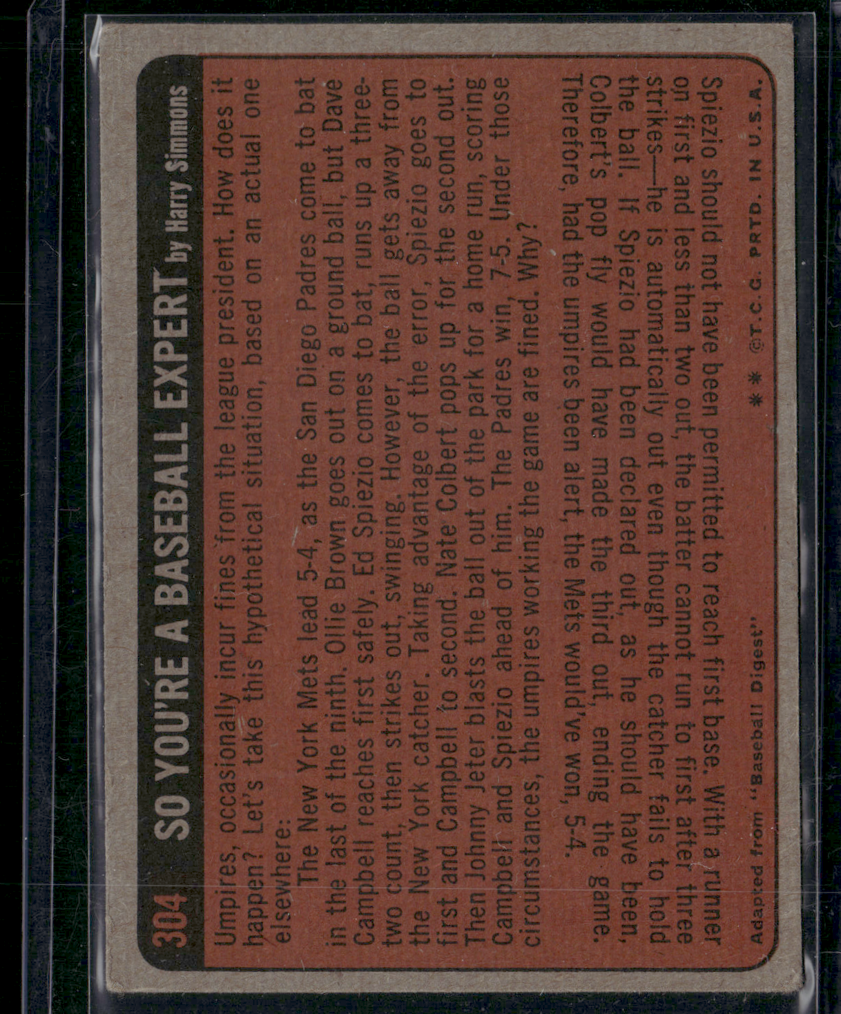 1972 Topps JOE PEPITONE #304 IN ACTION