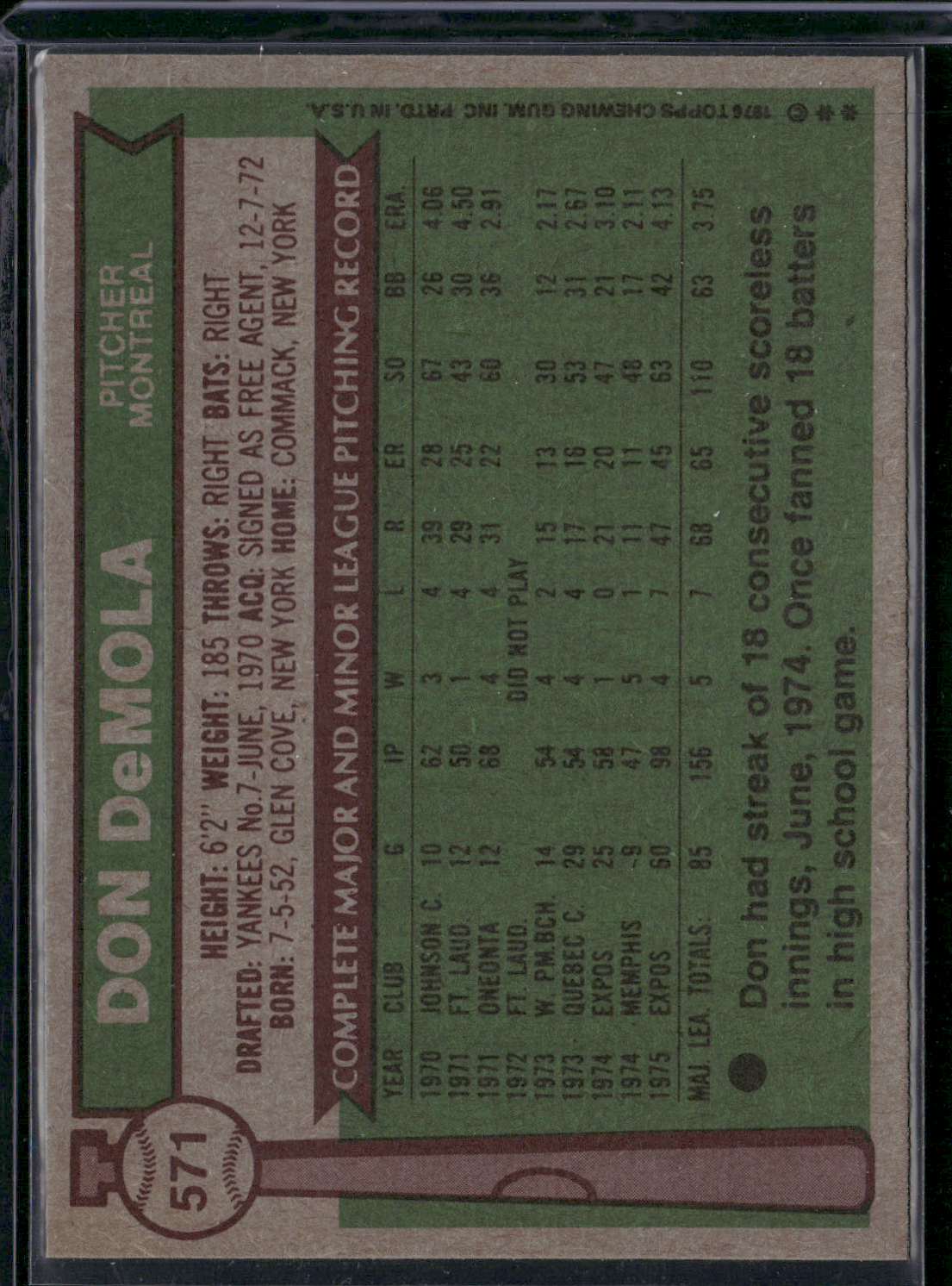 1976 Topps DON DEMOLA #571 (EX)