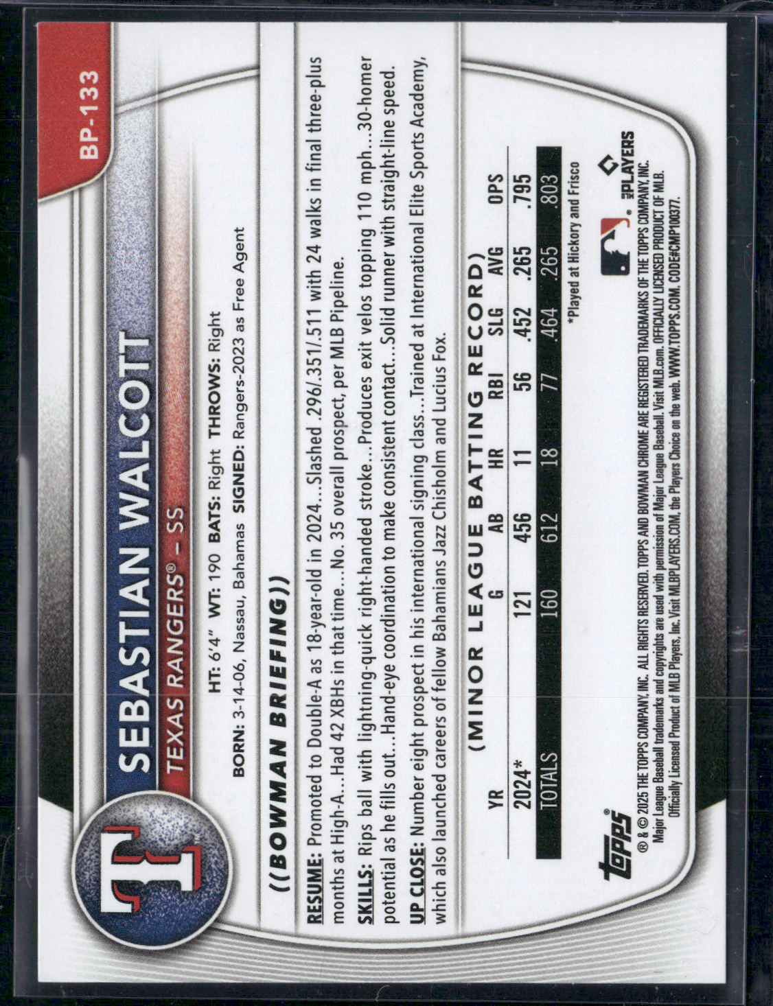 2025 Bowman SEBASTIAN WALCOTT #BP-133