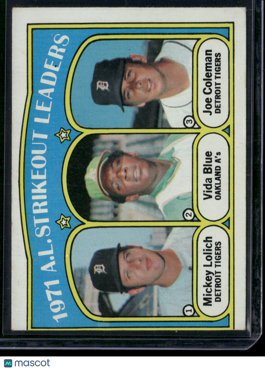 1972 Topps VIDA BLUE/LOLICH/COLEMAN #96 1971 AL Strikeout Leaders (VG-VG/EX)