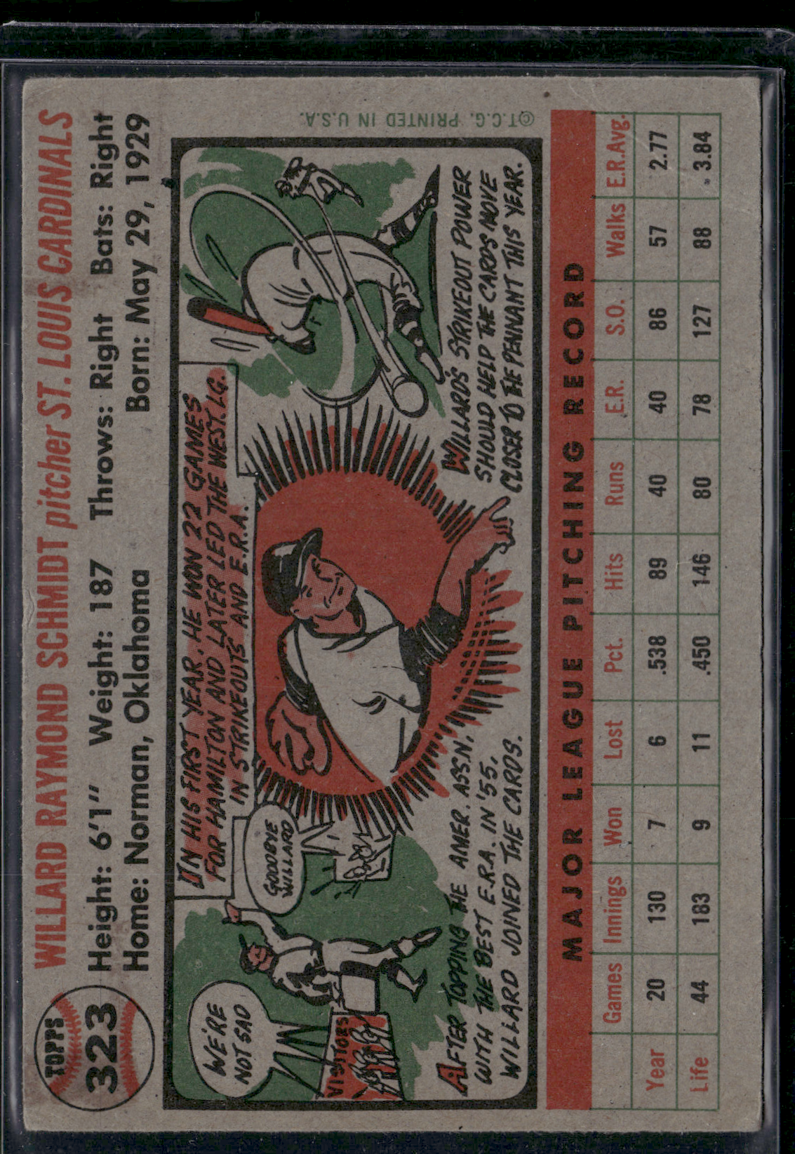 1956 Topps WILLARD SCHMIDT #323 Crease