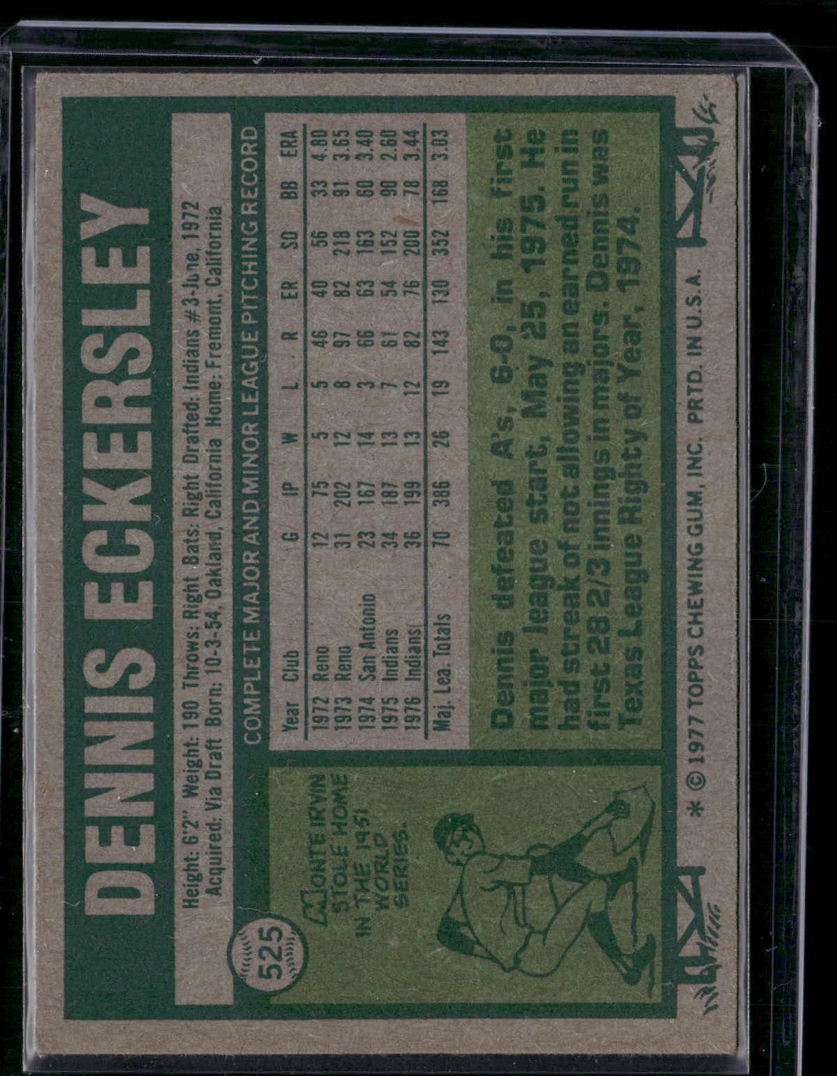 1977 Topps DENNIS ECKERSLEY #525 (VG/EX-EX)