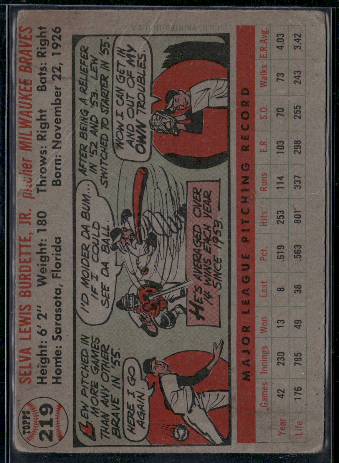 1956 Topps LEW BURDETTE #219 Creases