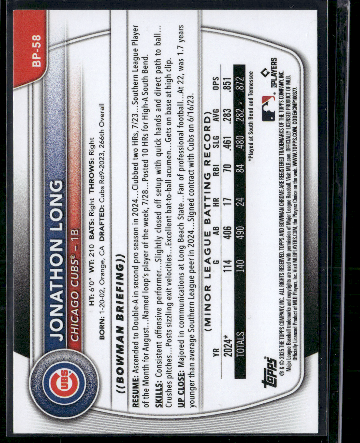 2025 Bowman JONATHON LONG #BP-58 1st Bowman