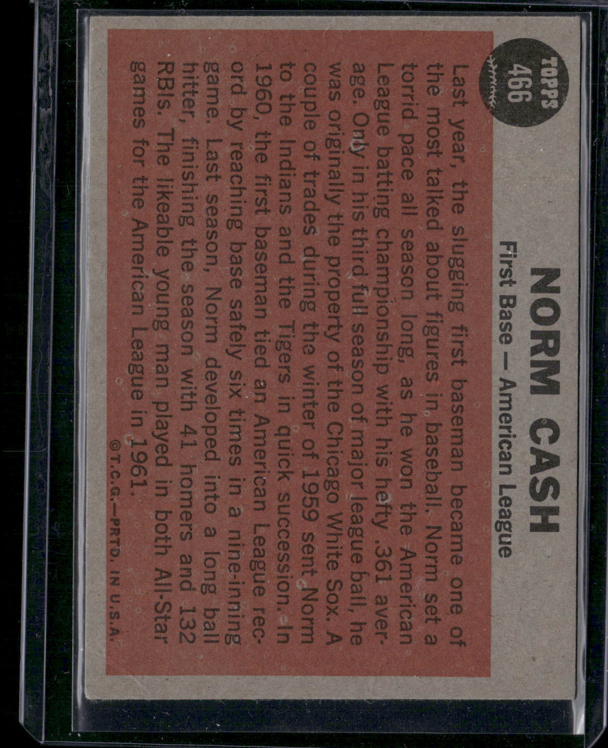 1962 Topps NORM CASH #466 AL All Star (VG)
