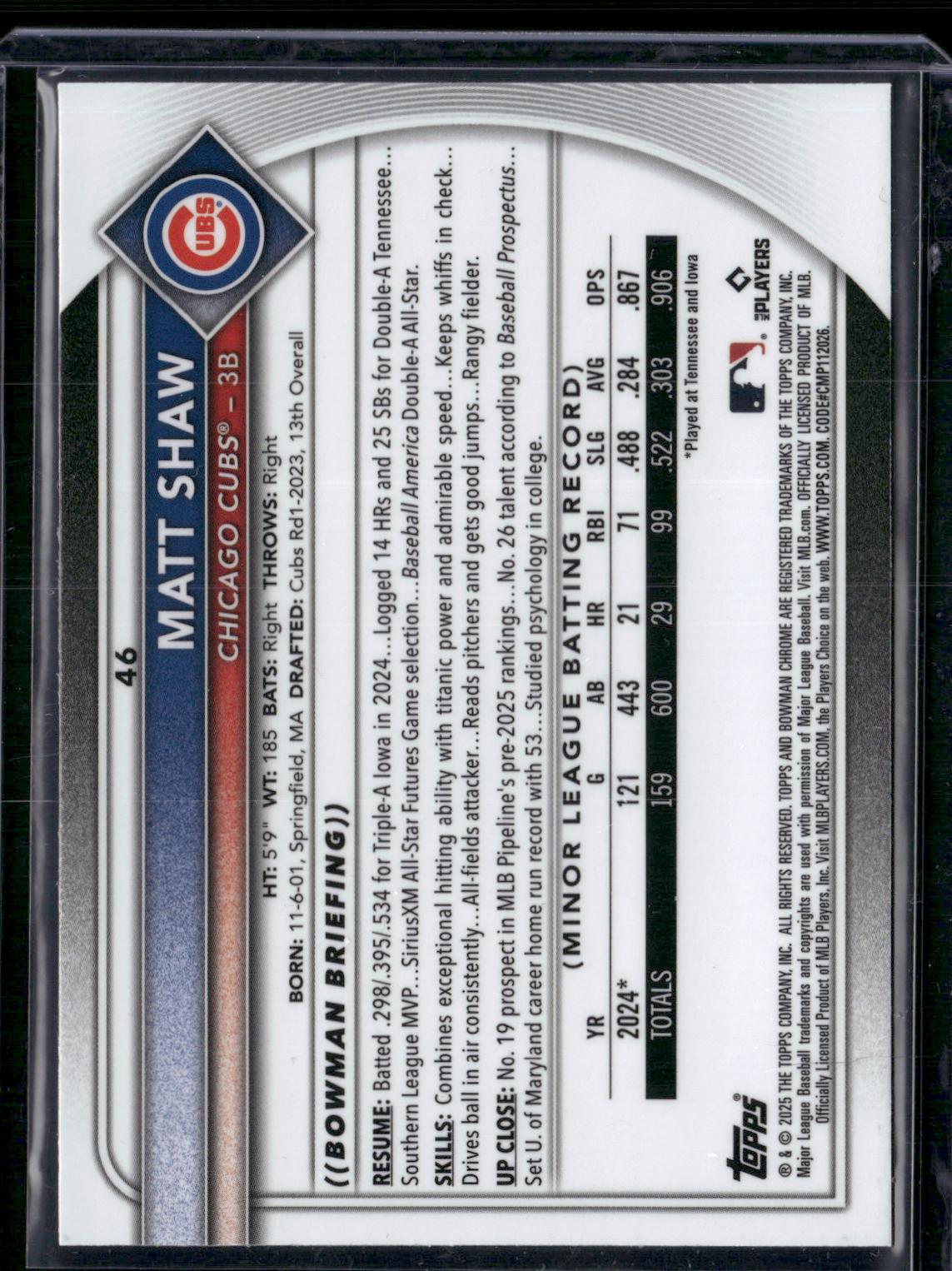 2025 Chrome MATT SHAW #46 Rookie RC (NM)