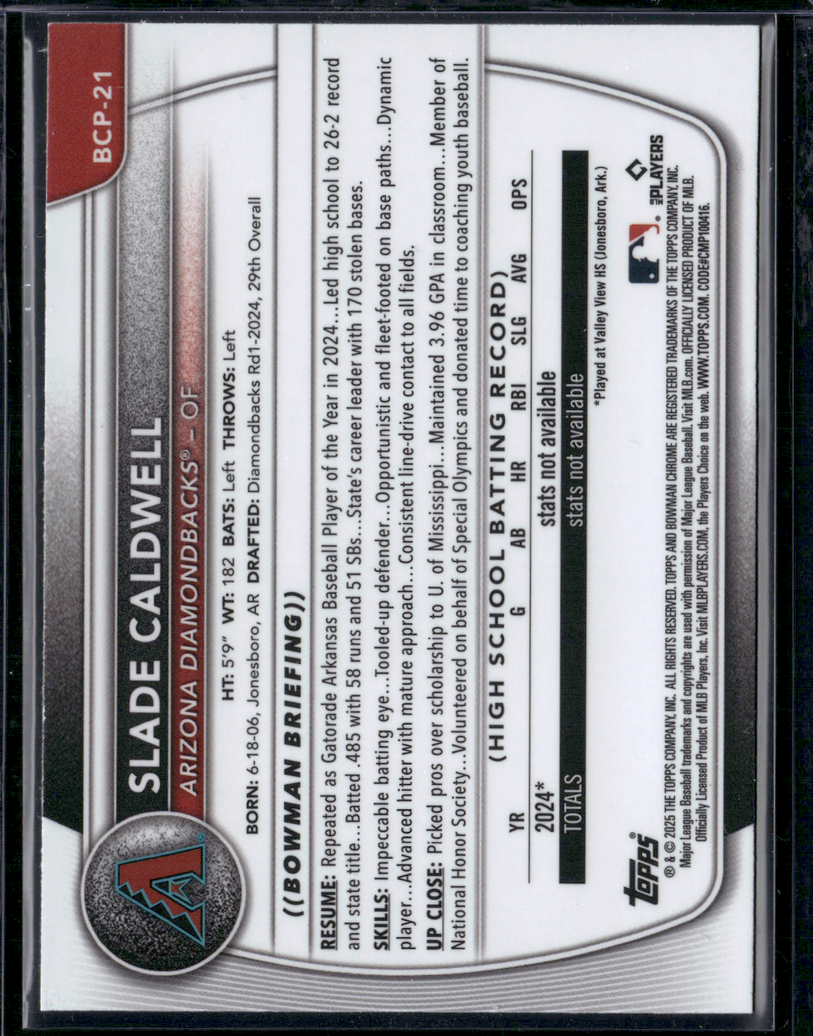 2025 Bowman SLADE CALDWELL #BCP-21 Chrome 1st Bowman