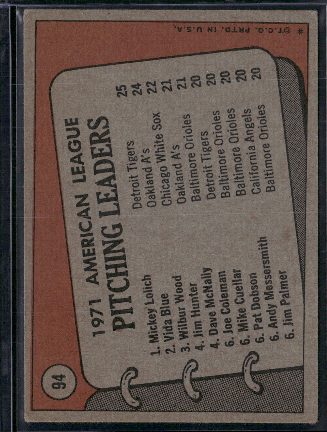 1972 Topps VIDA BLUE/MICKEY LOLICH/WOOD #94 1971 AL Pitching Leaders (VG/EX)