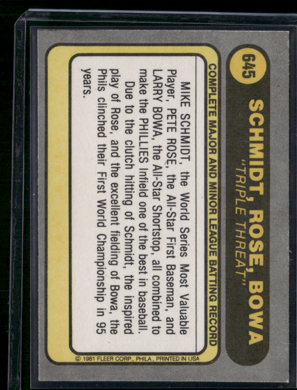 1981 Fleer MIKE SCHMIDT/PETE ROSE/LARRY BOWA #645 Triple Threat (EX/MT)