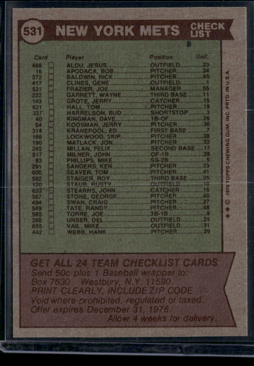 1976 Topps NEW YORK METS #531 (EX)