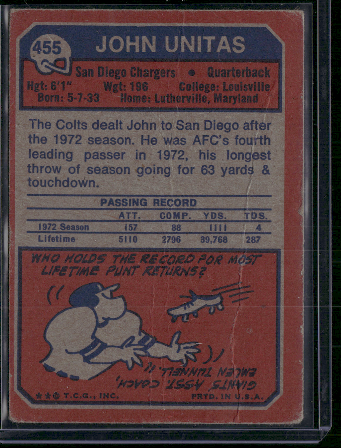 1973 Topps JOHNNY UNITAS #455 Creases (Fair-Good)