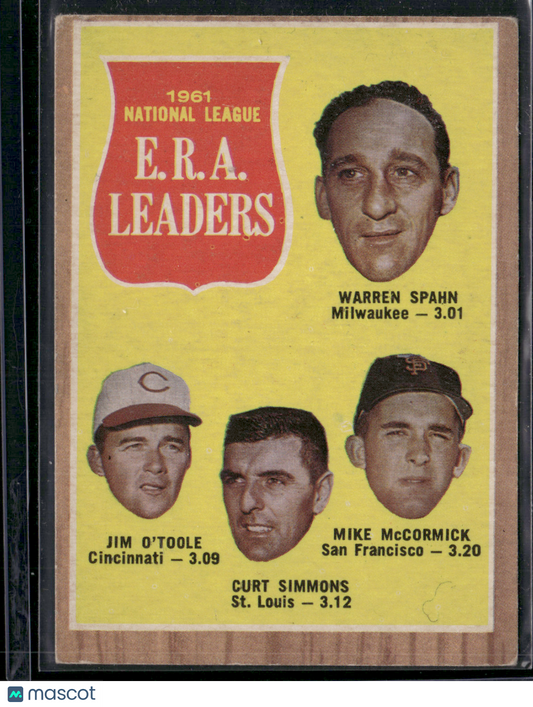 1962 Topps 1961 NL ERA LEADERS #56 Spahn/O'Toole/Simmons/McCormick (VG)