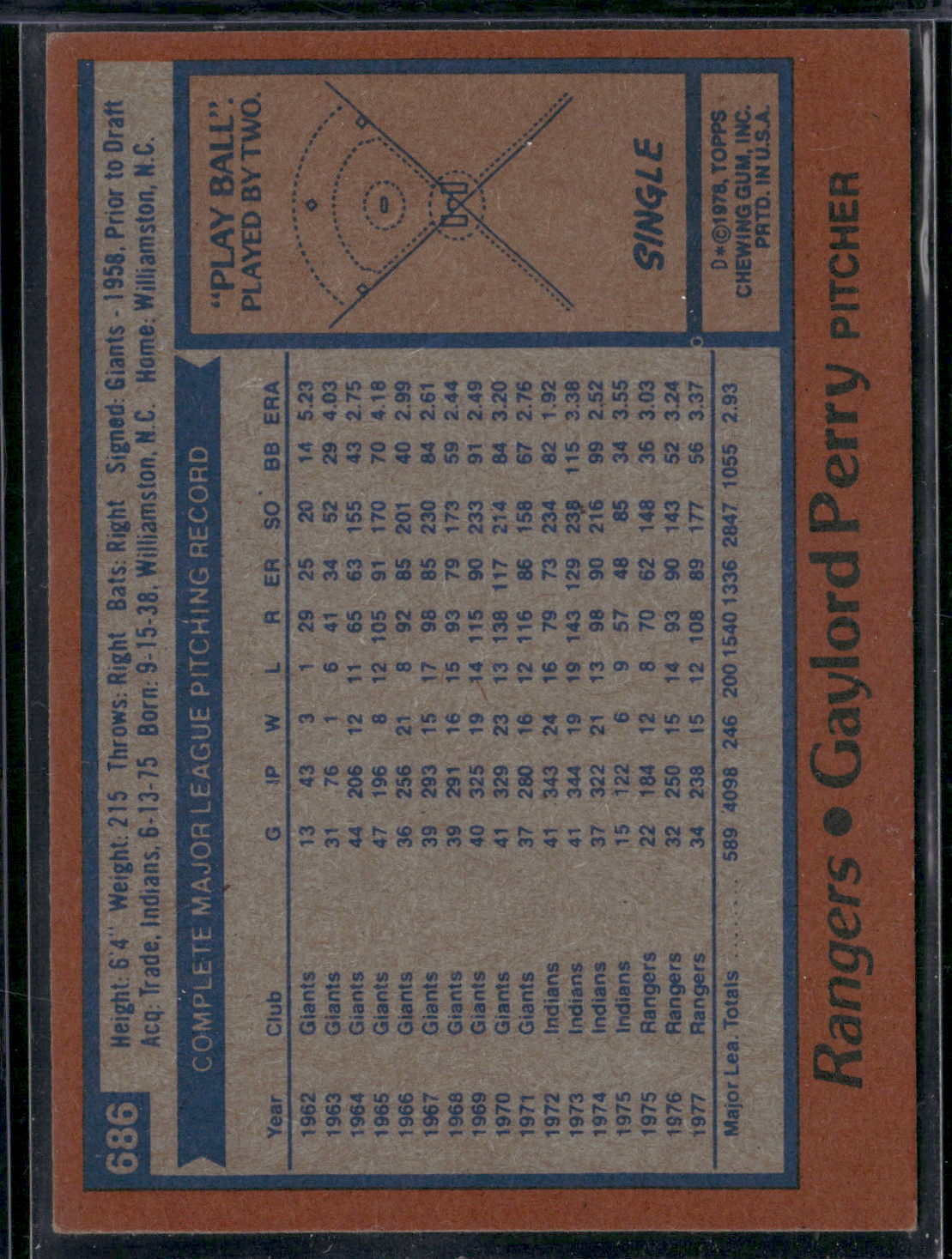 1978 Topps GAYLORD PERRY #686 Print Snow (EX)