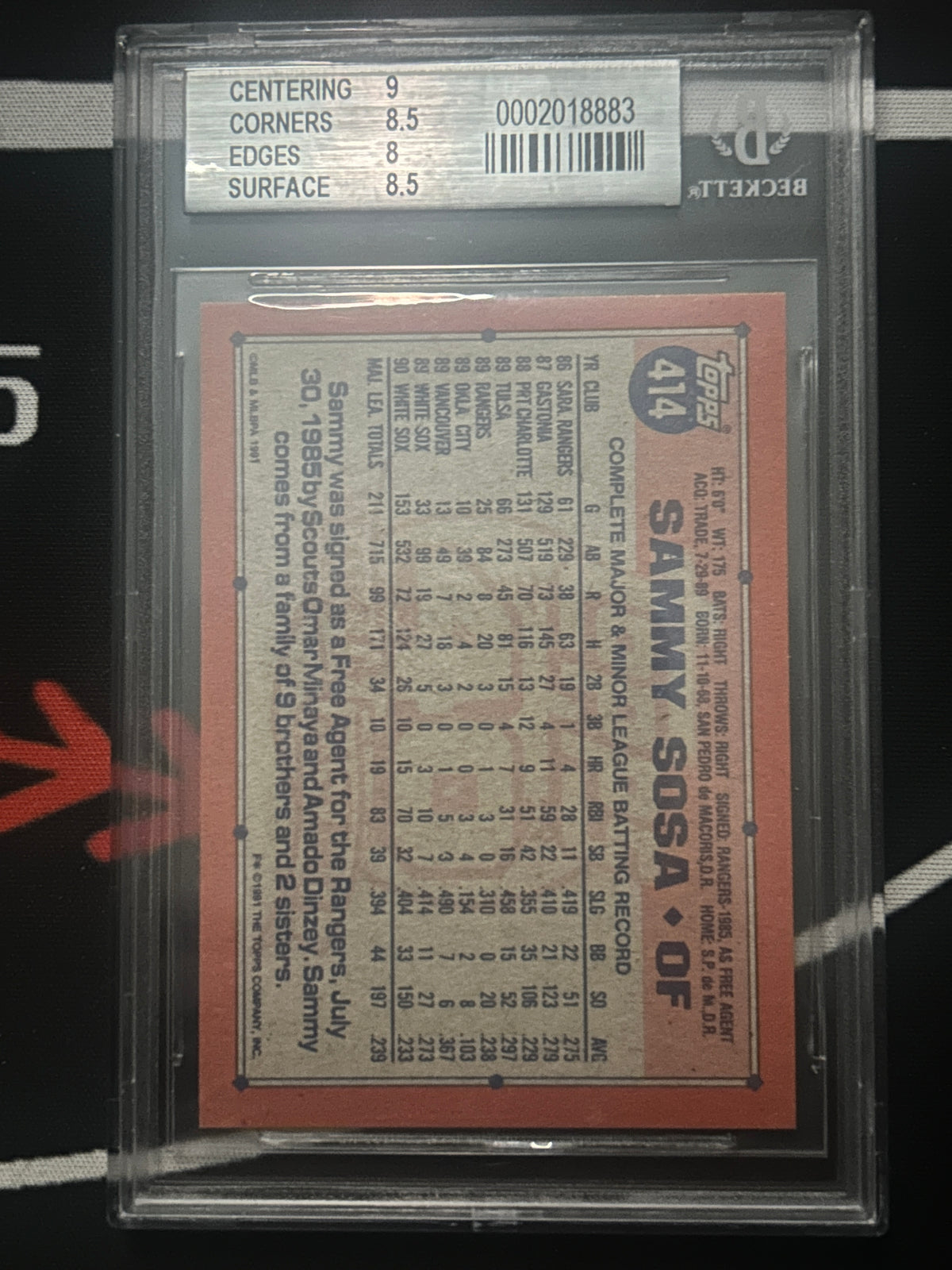 1991 Topps Desert Shield Sammy Sosa #414 BGS 8.5