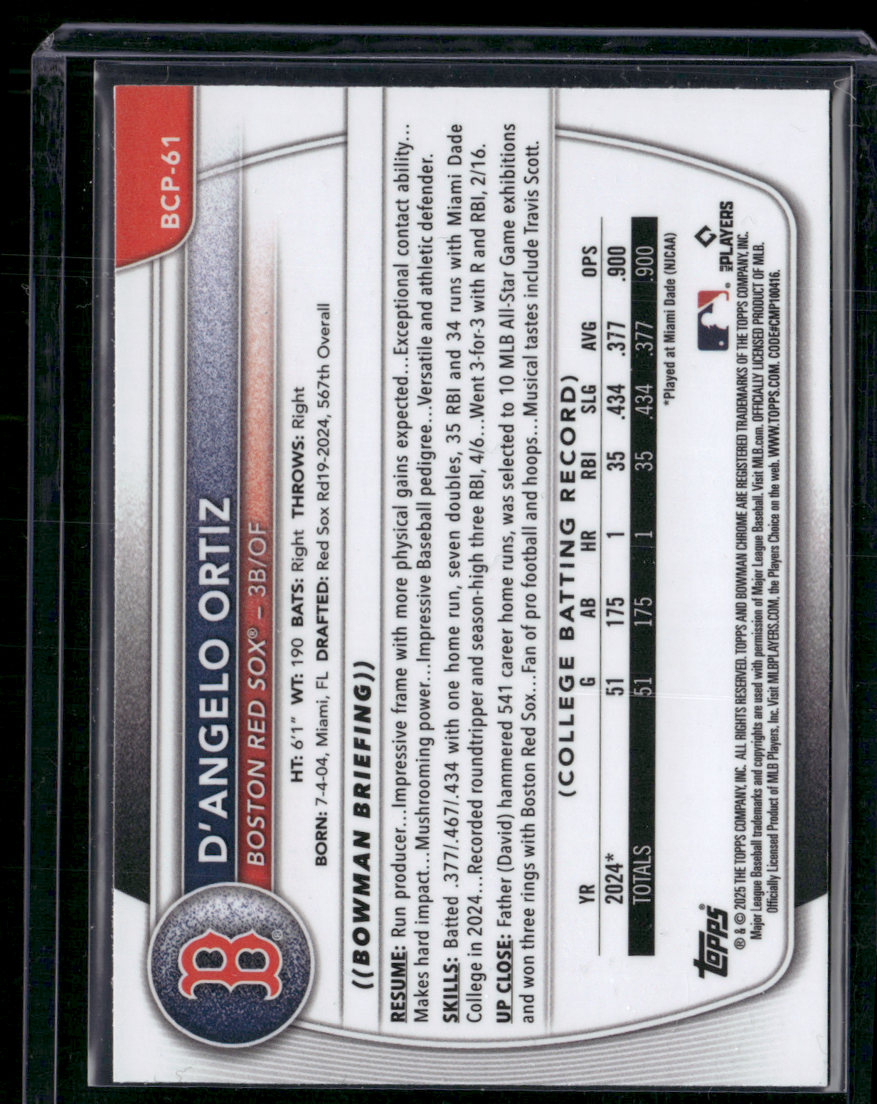 2025 Bowman D'ANGELO ORTIZ #BCP-61 1st Bowman Chrome