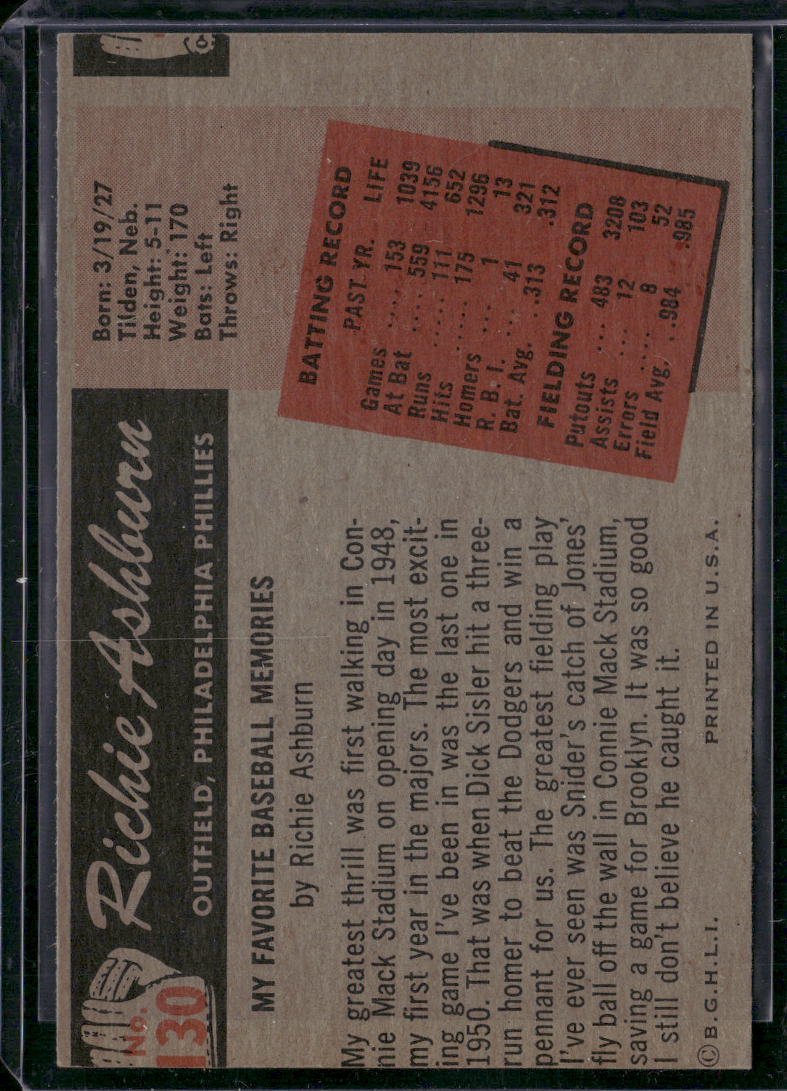 1955 Bowman RICHIE ASHBURN #130 (VG/EX-EX)