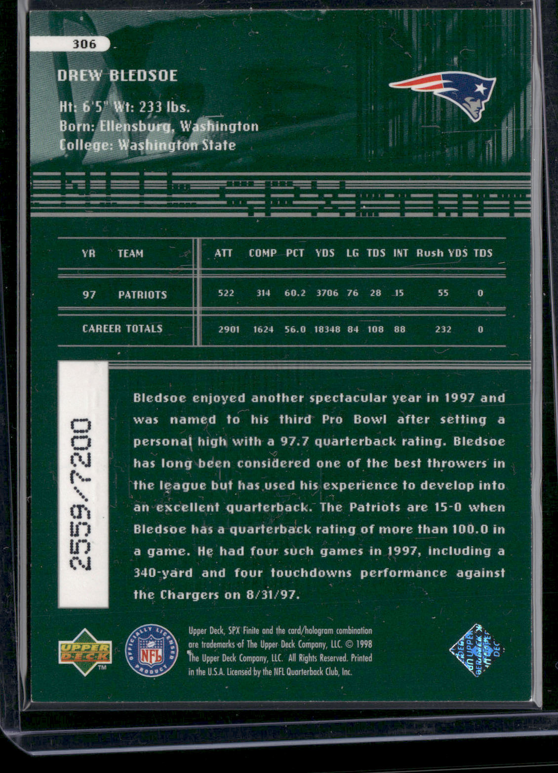 1998 SPX DREW BLEDSOE #306 Green 2559/7200 (NM)