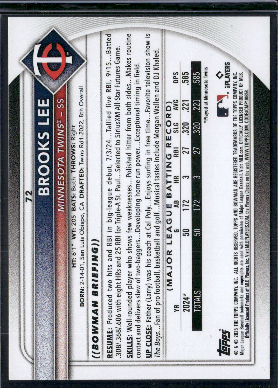 2025 Bowman BROOKS LEE Rookie Card RC #72
