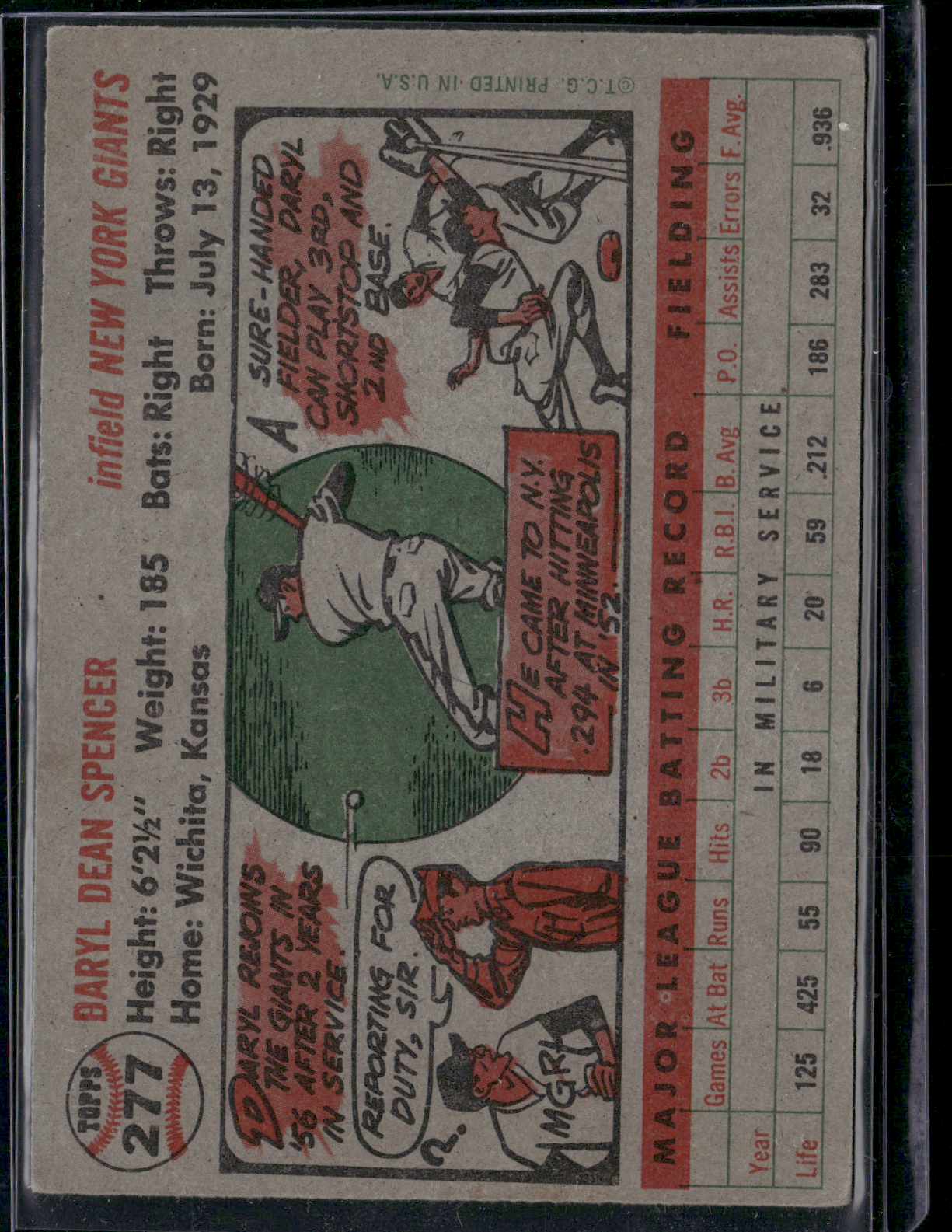 1956 Topps DARYL SPENCER #277 Surface Scratches Color Loss