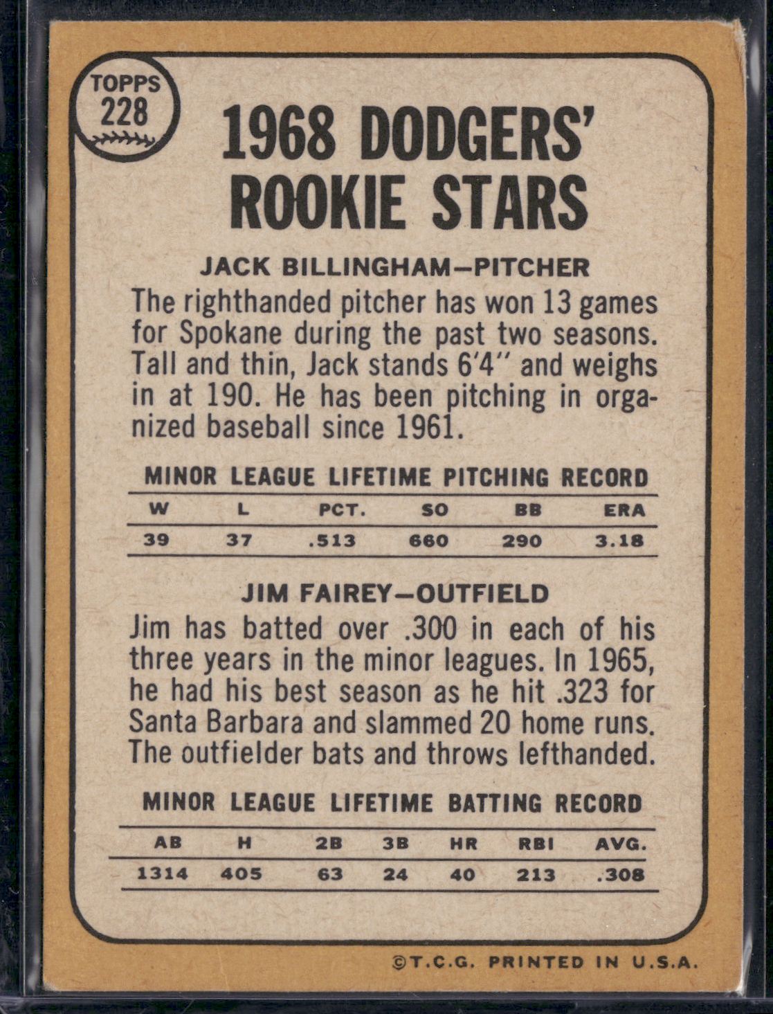 1968 Topps 1968 DODGERS ROOKIES JACK BILLINGHAM/JIM FAIREY #228