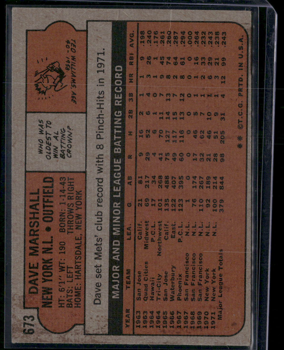 1972 Topps DAVE MARSHALL #673 Light Wrinkle Tape residue (Good)