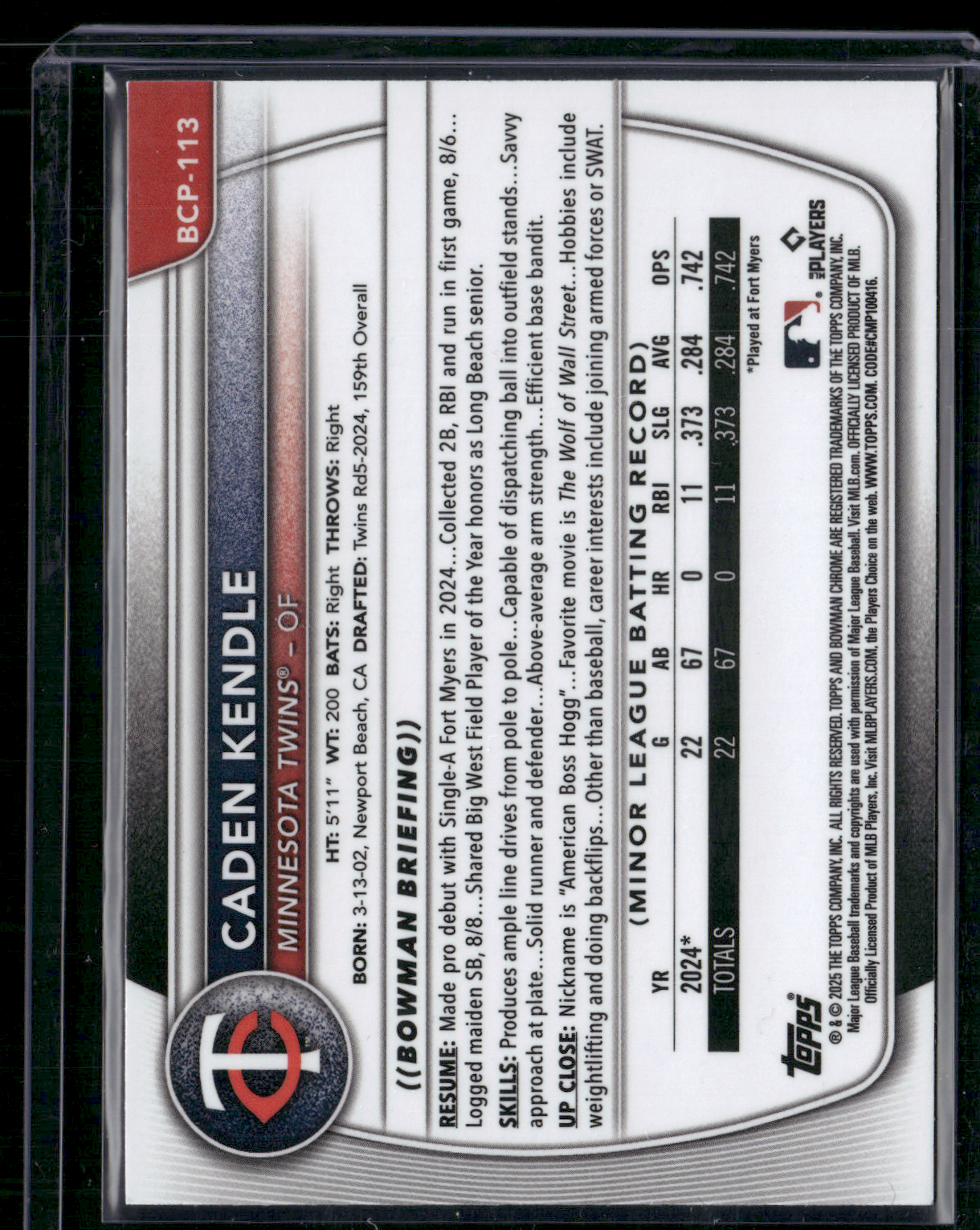 2025 Bowman CADEN KENDLE #BCP-114 Chrome 1st Bowman