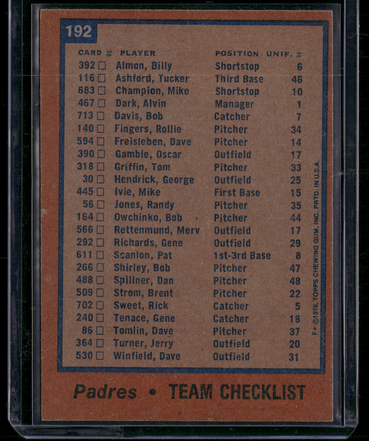 1978 Topps SAN DIEGO PADRES #192 Miscut (EX)