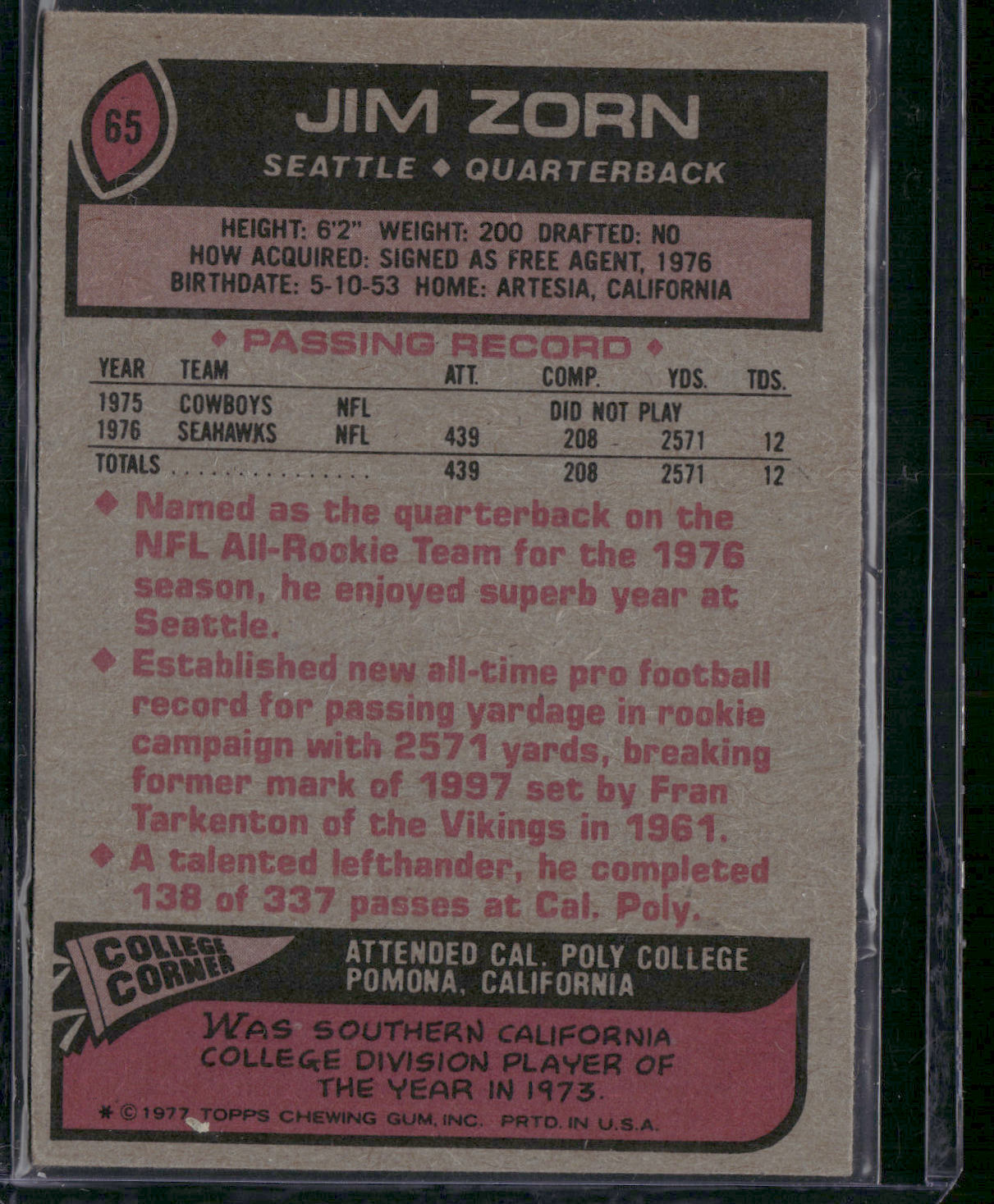 1977 Topps JIM ZORN #65