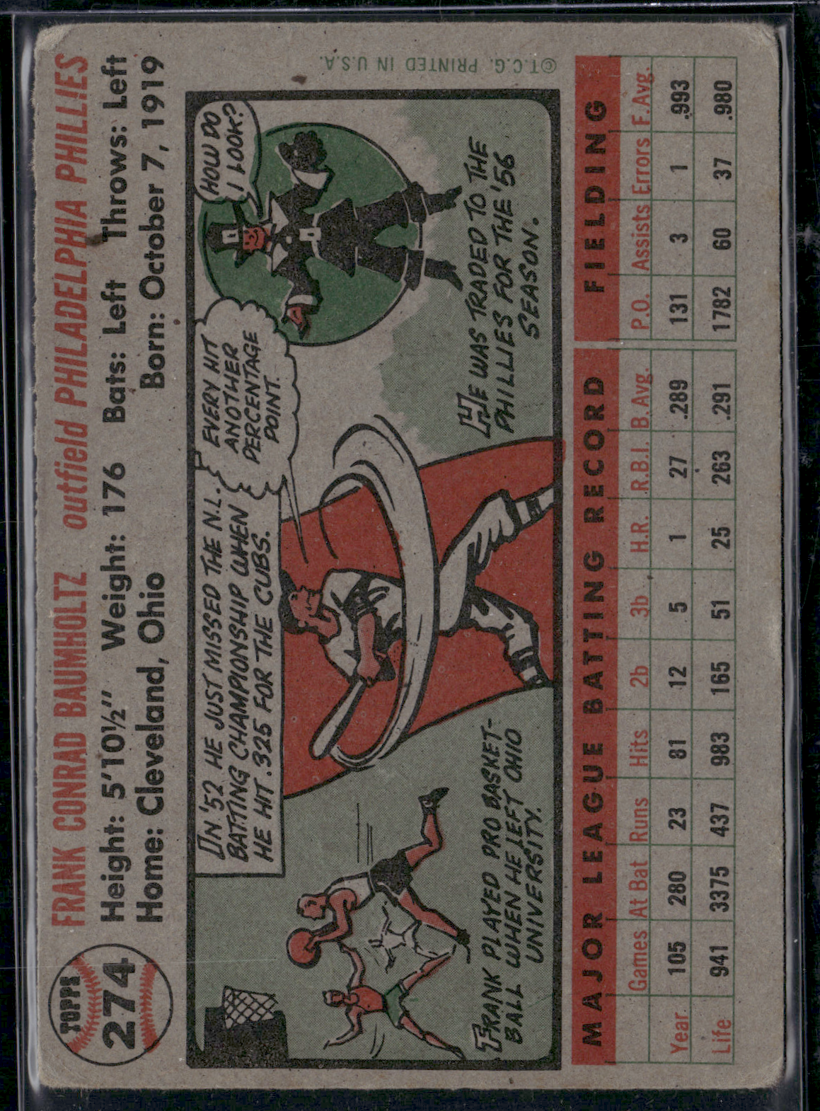 1956 Topps FRANK BAUMHOLTZ #274 Wrinkling