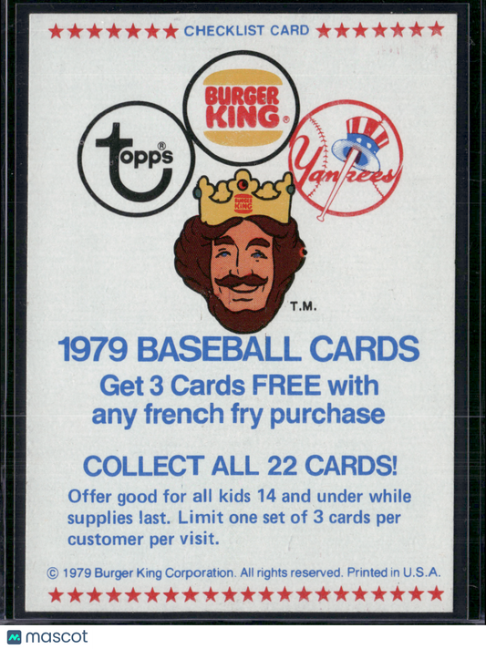 1979 Yankees CHECKLIST (EX/MT-NM)