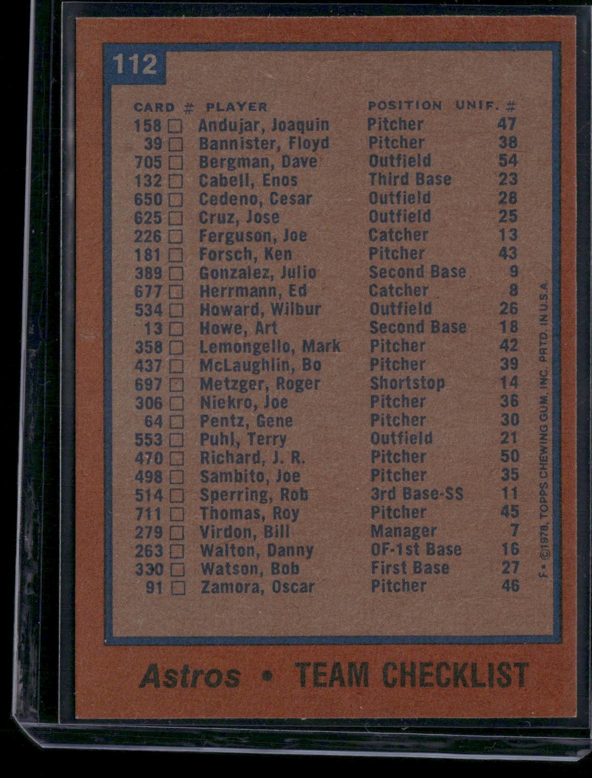 1978 Topps HOUSTON ASTROS #112 Print Snow (EX)