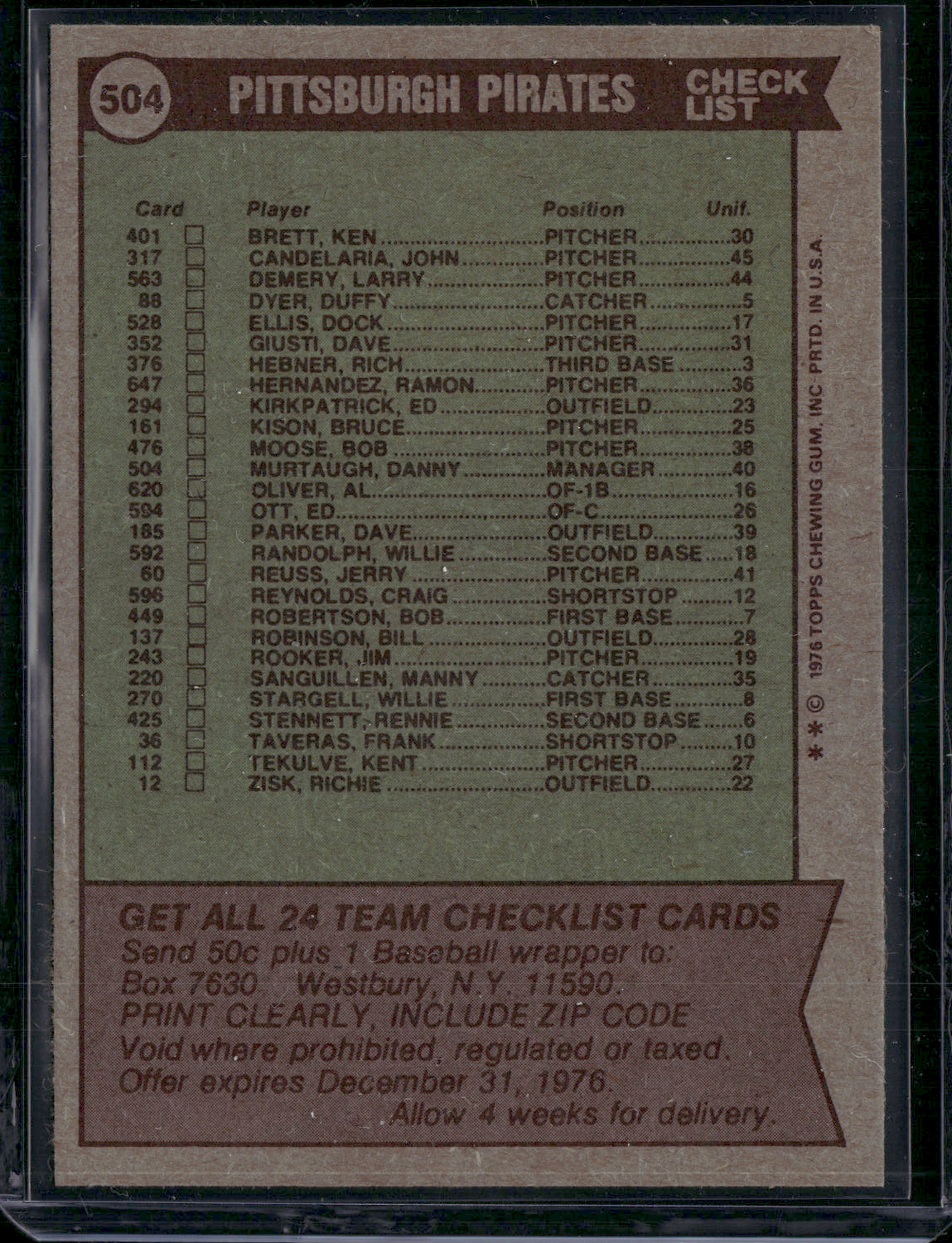1976 Topps PITTSBURGH PIRATES #504 (EX-EX/MT)