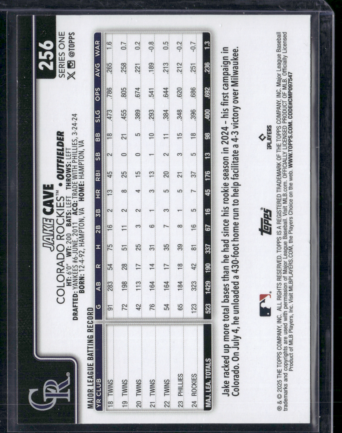 2025 Topps Series 1 JAKE CAVE #256 Rainbow Glitter