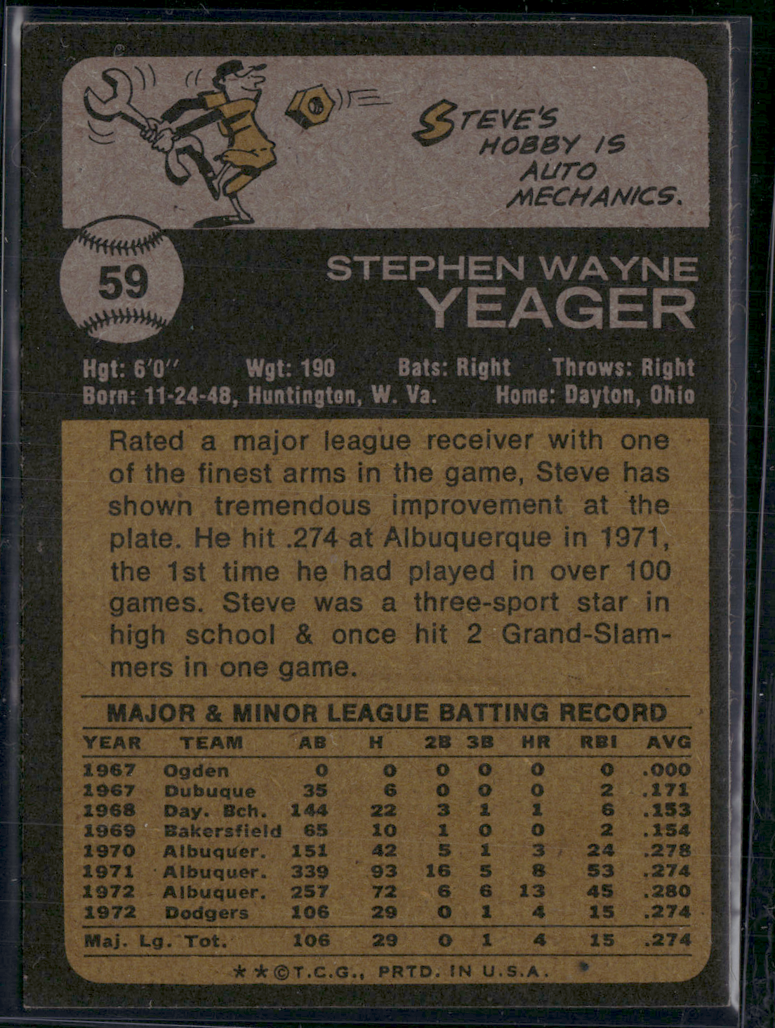1973 Topps STEVE YEAGER #59 Light Wrinkle (VG/EX-EX)