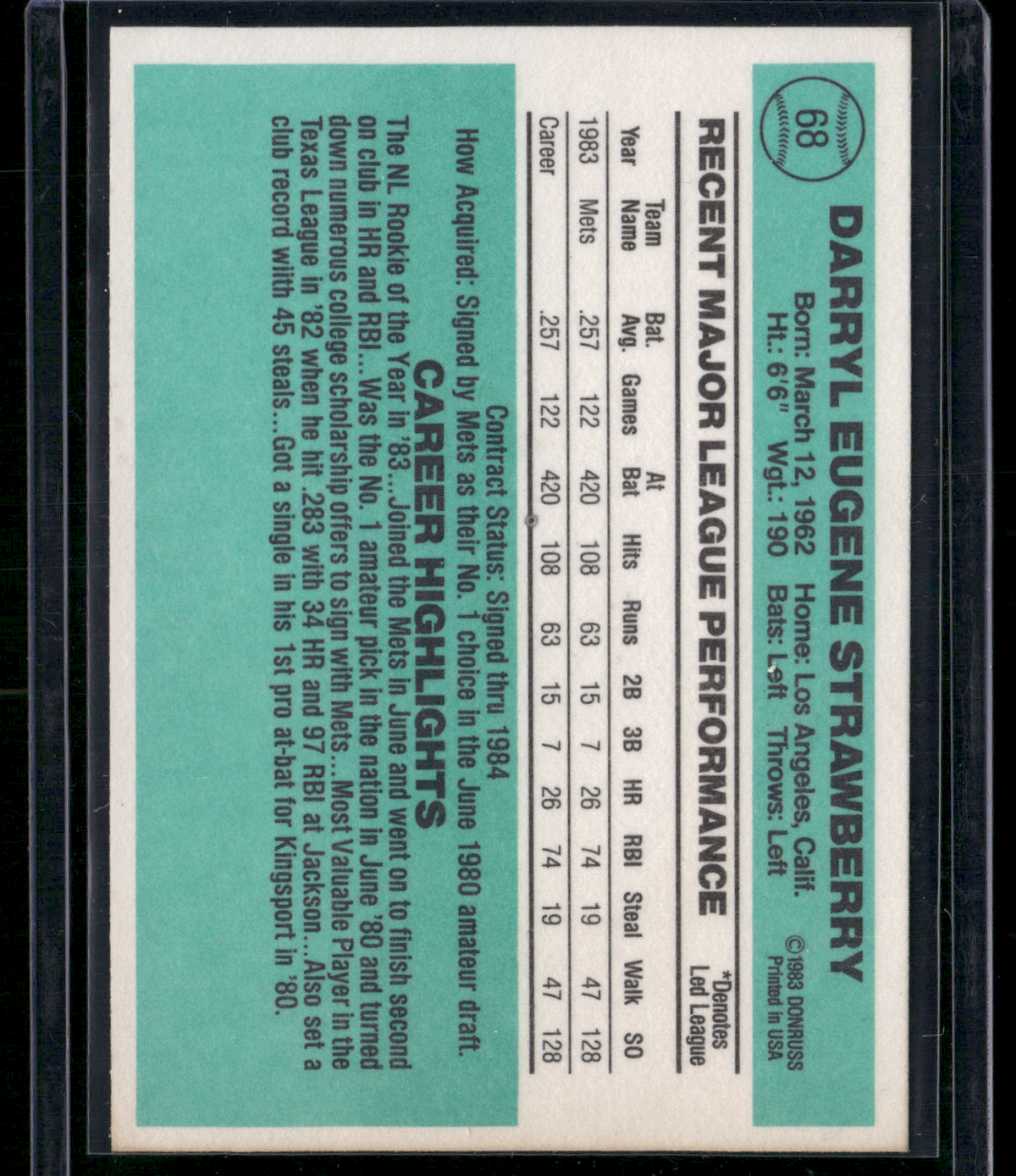1984 Donruss DARRYL STRAWBERRY #68 (NM)